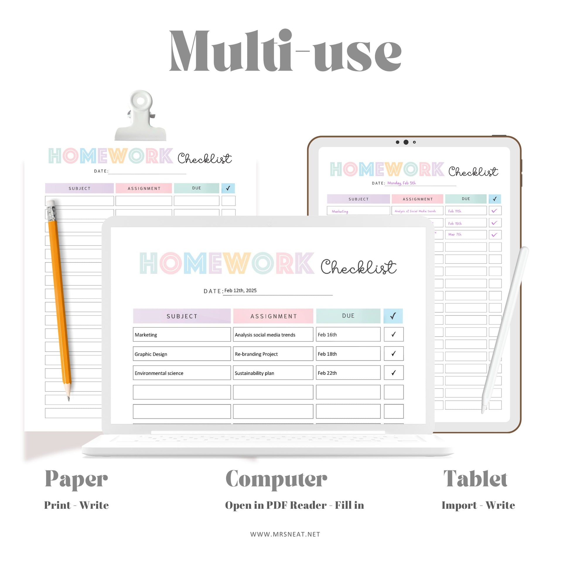 Editable Homework Planner, Printable, Digital, Student Planner, Assignment Checklist, Study Planner, School Tracker Template, PDF, Editable and Fillable PDF, A4, A5, Letter, Half Letter, Digital Planner, Colorful