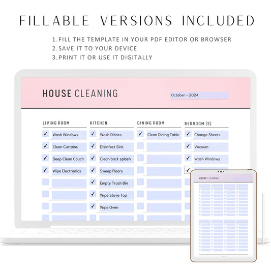 House Cleaning Checklist Printable, Living Room, Bathroom, Laundry Room, Kitchen, Dining Room, A4, A5, Letter, Half Letter, PDF, 6 colors