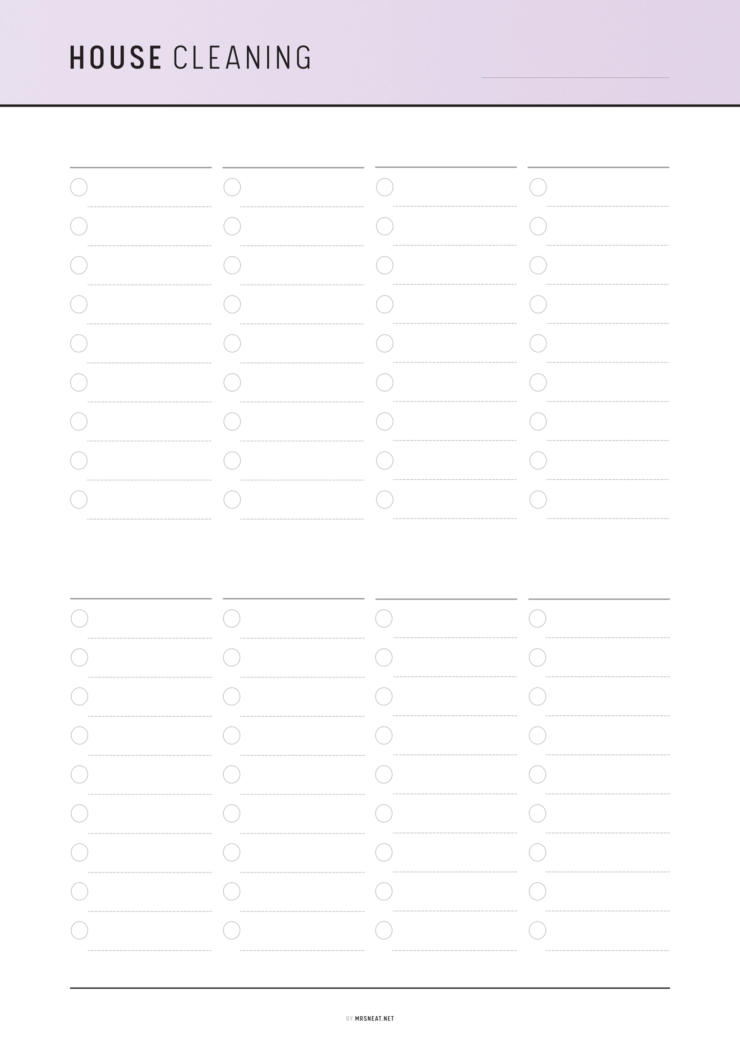 Blank house cleaning checklist with a purple header