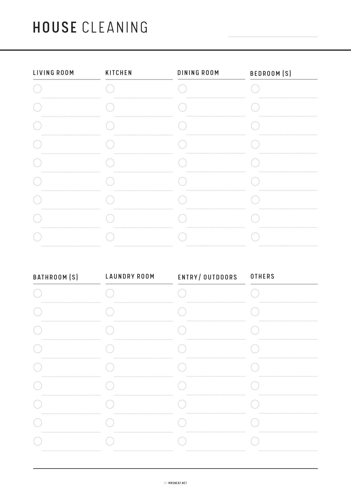 House cleaning checklist with sections for different rooms.