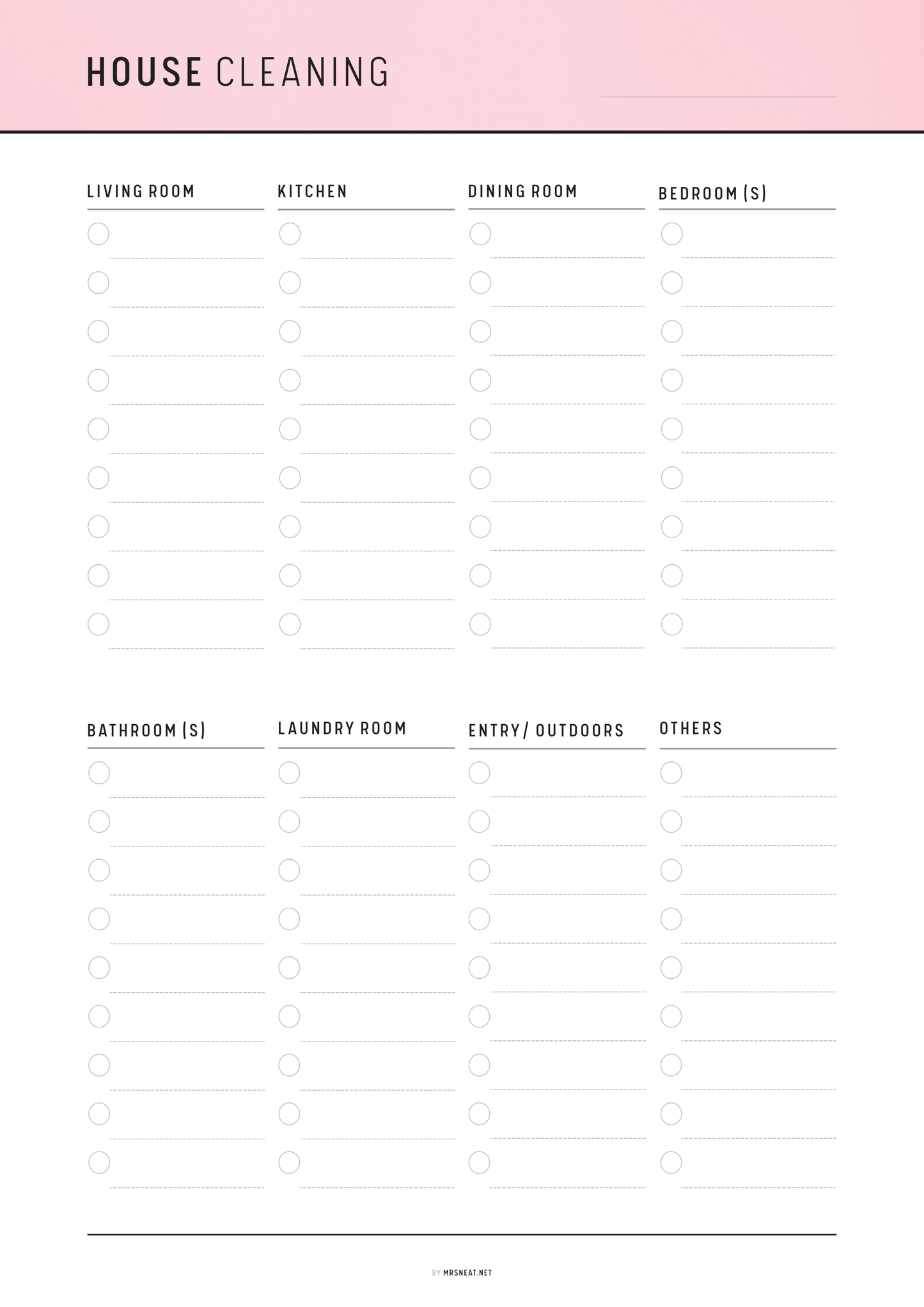 House cleaning checklist with room categories on a pink and white background