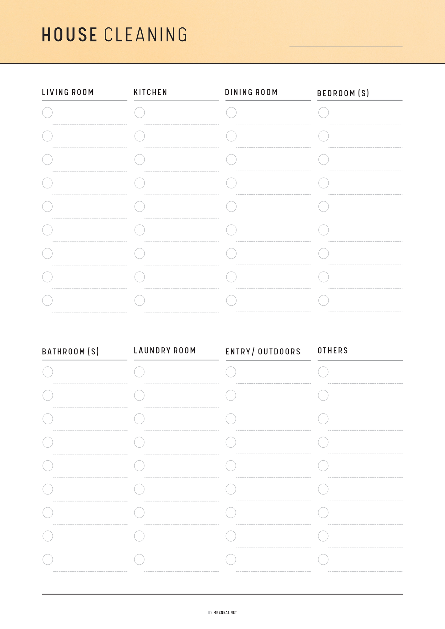 House cleaning checklist with sections for different rooms on a white background.