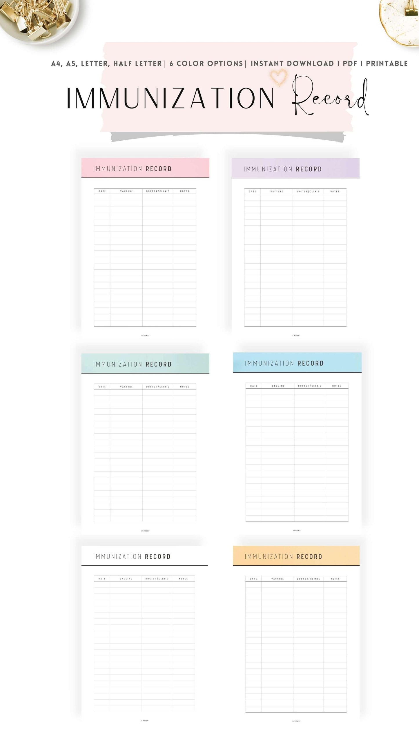 Colorful Printable Immunization Record