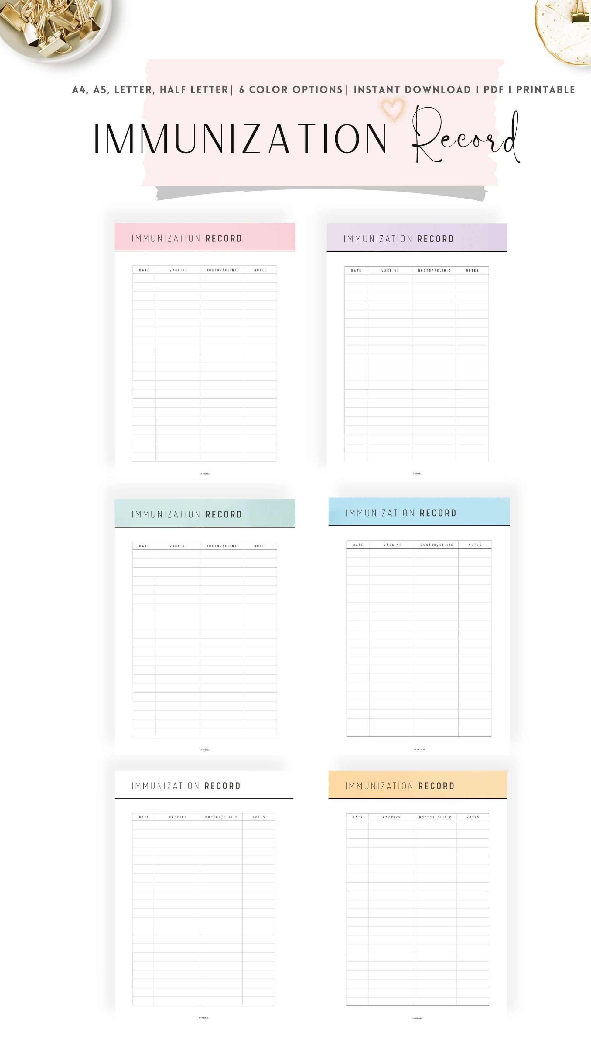 Colorful Printable Immunization Record
