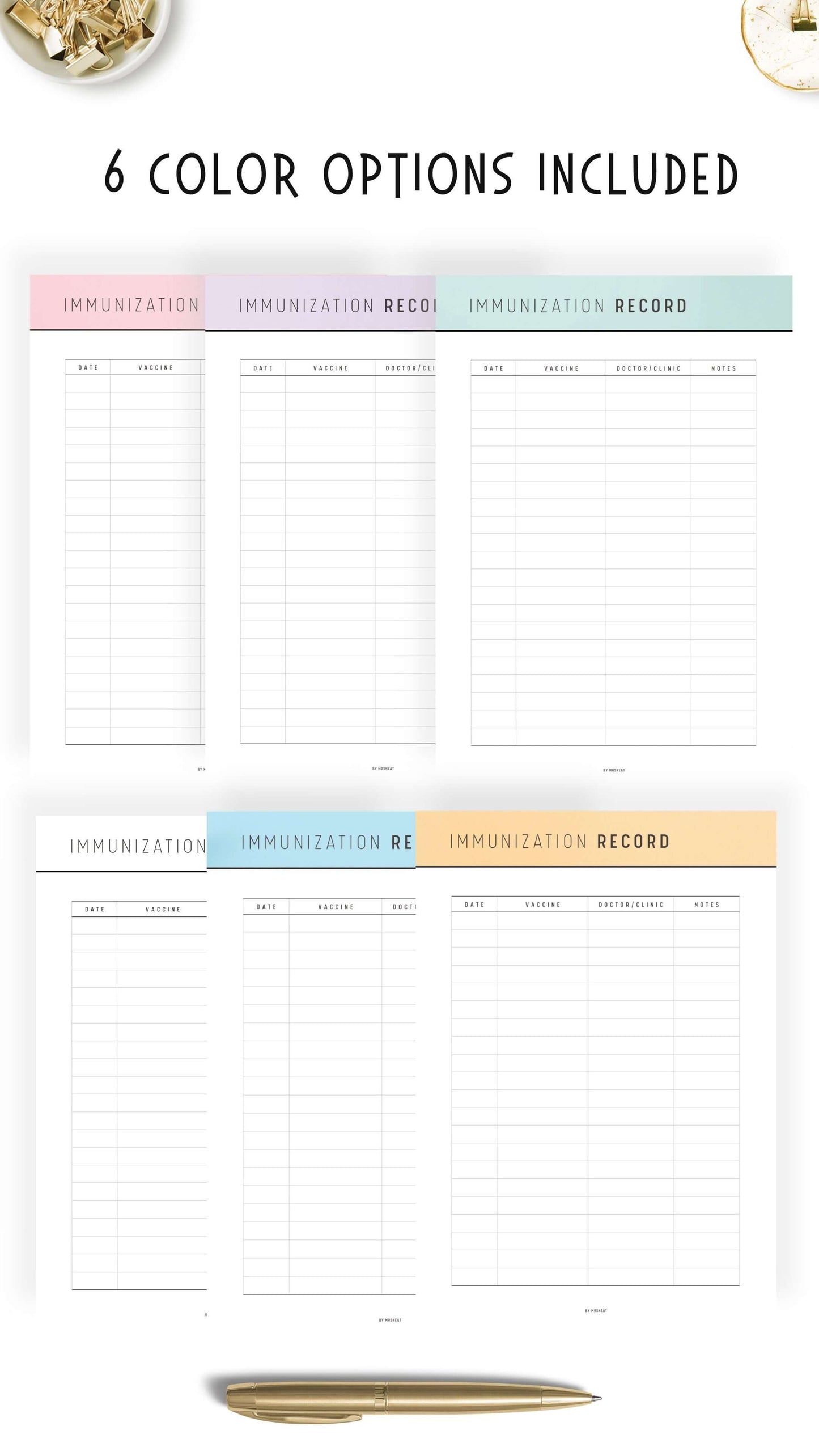 6 pastel colors of Printable Immunization Record