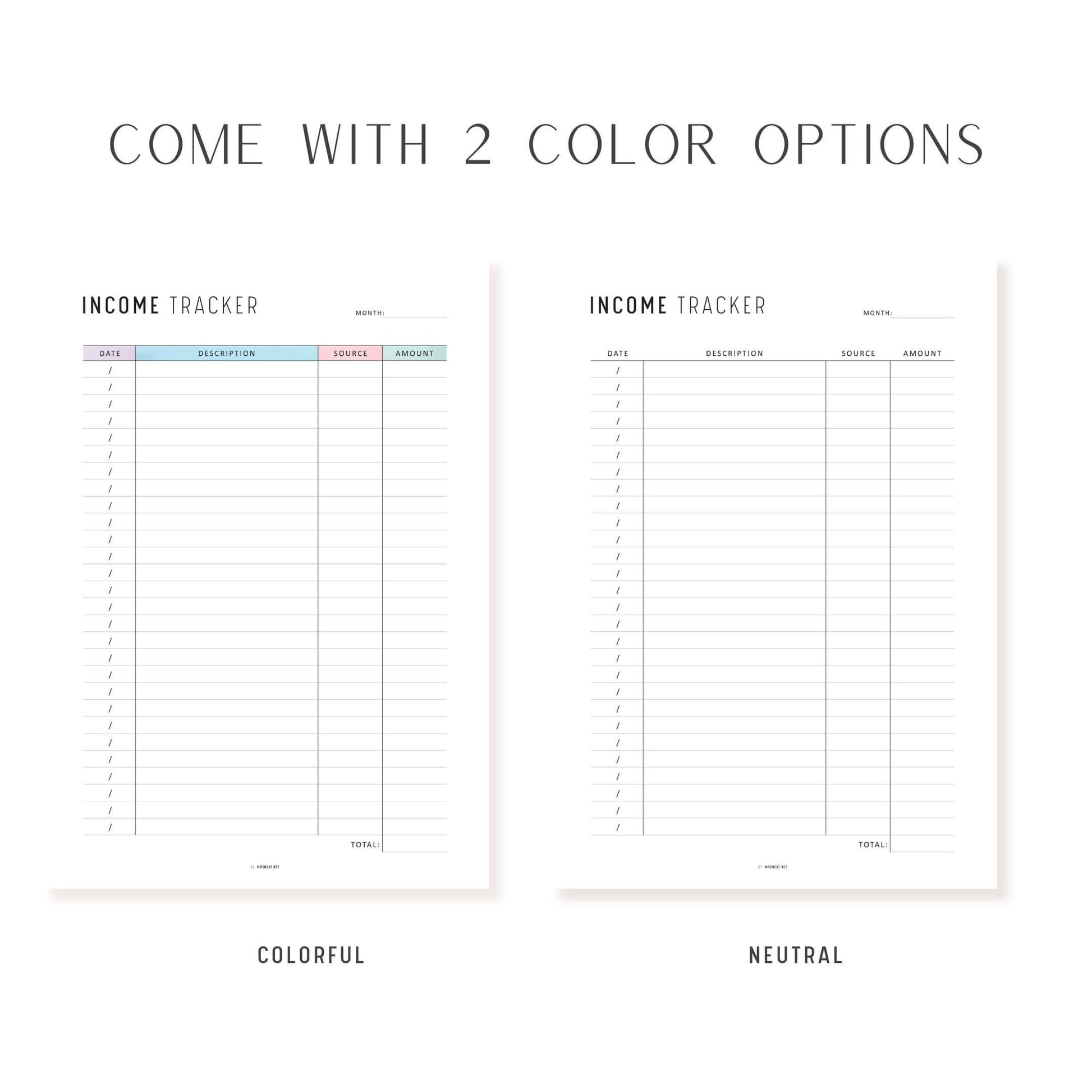 Income Tracker Printable, A4, A5, Letter, Half Letter, Digital Income Tracker, Neutral & Colorful Page
