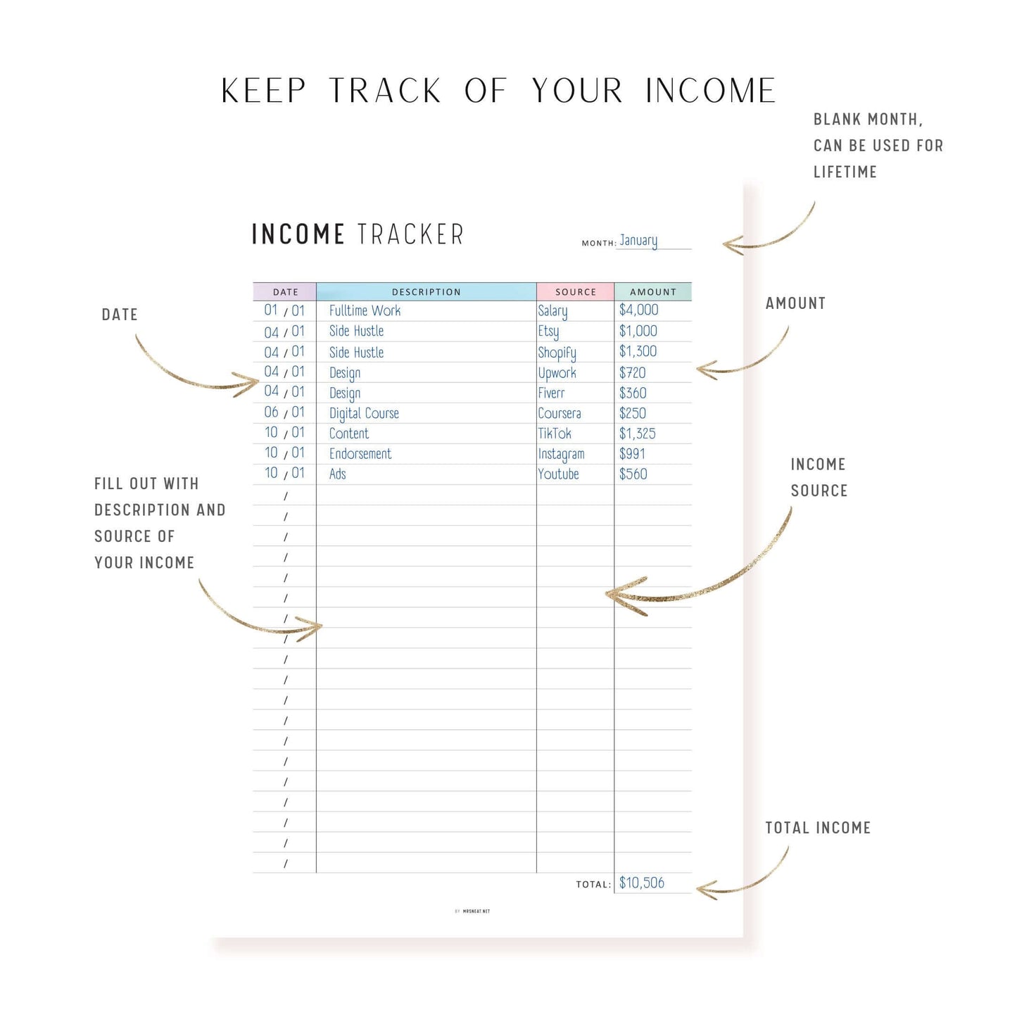 Income Tracker Printable, A4, A5, Letter, Half Letter, Digital Income Tracker, Neutral & Colorful Page