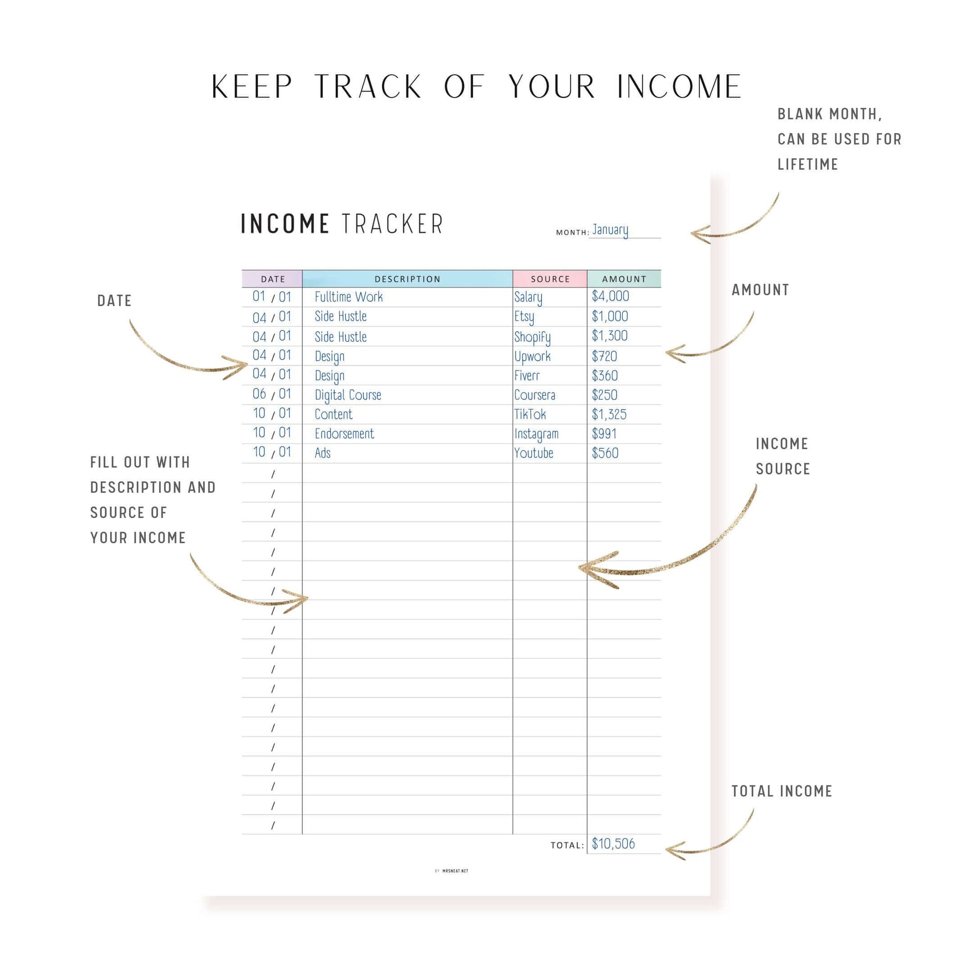 Income Tracker Printable, A4, A5, Letter, Half Letter, Digital Income Tracker, Neutral & Colorful Page