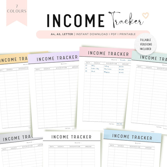 Income Tracker Printable Planner, A4, A5, Letter, Yellow Planner, Purple Planner, Pink Planner, Green Planner, Blue Planner, PDF Fillable, Printable Planner