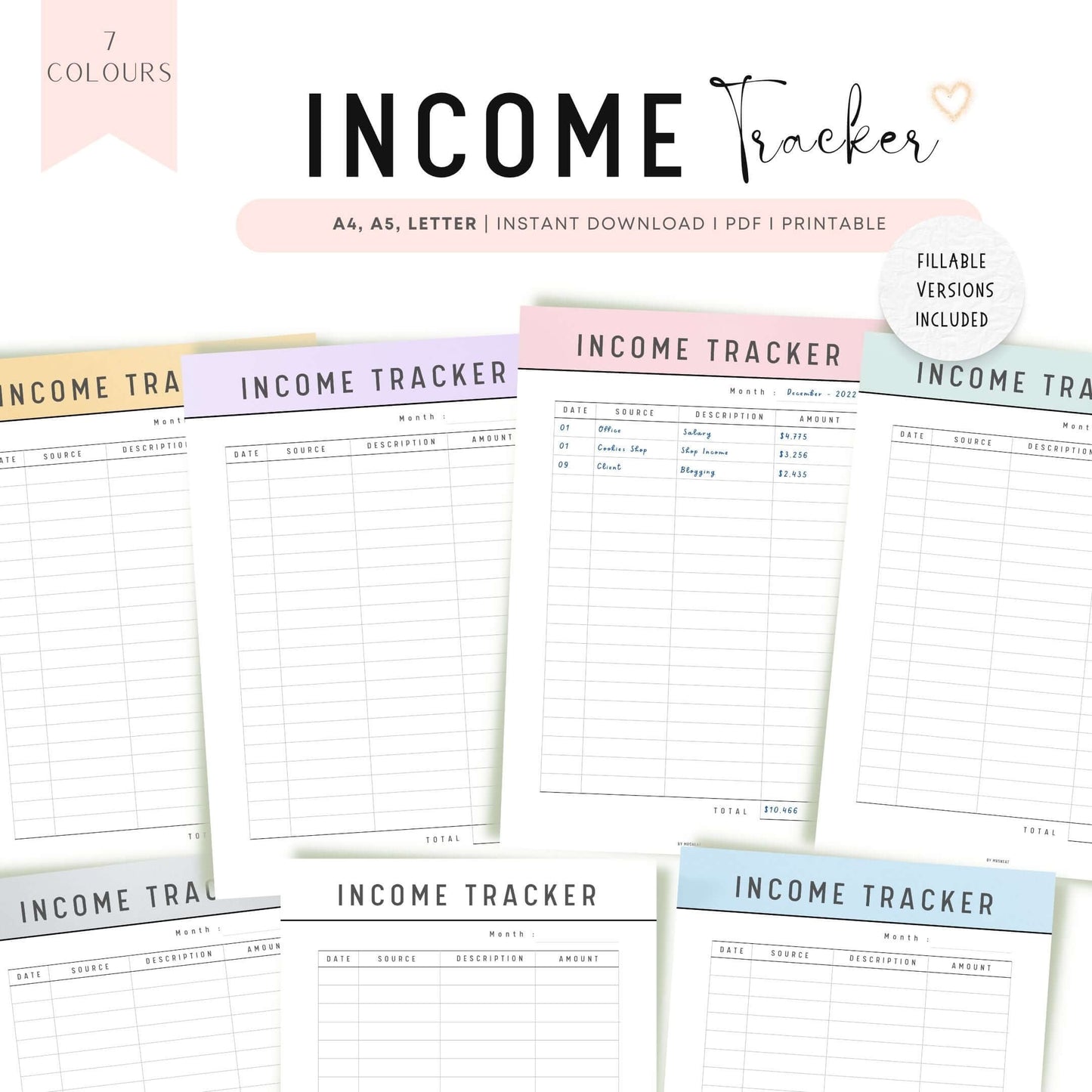 Income Tracker Printable Planner, A4, A5, Letter, Yellow Planner, Purple Planner, Pink Planner, Green Planner, Blue Planner, PDF Fillable, Printable Planner