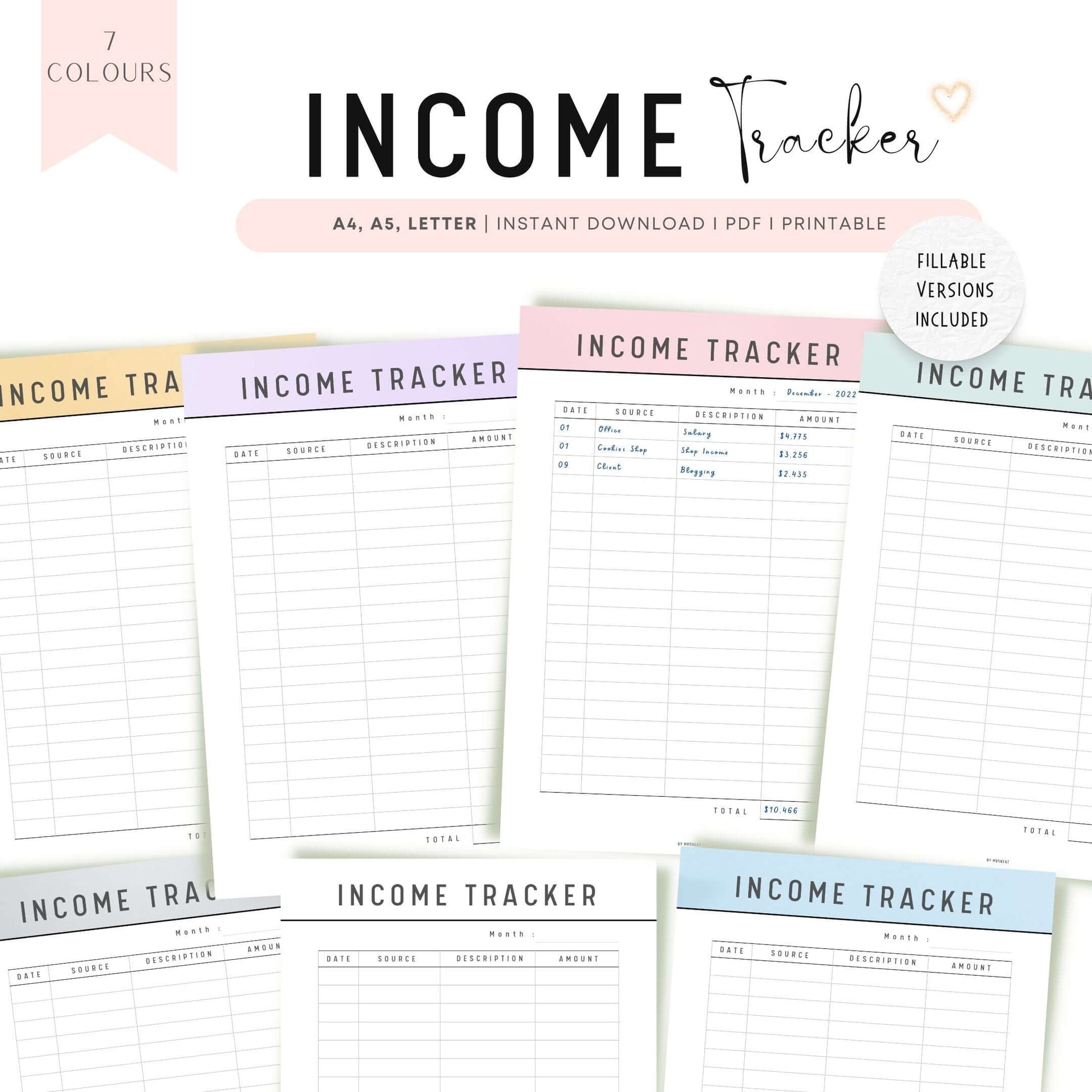 Income Tracker Printable Planner, A4, A5, Letter, Yellow Planner, Purple Planner, Pink Planner, Green Planner, Blue Planner, PDF Fillable, Printable Planner