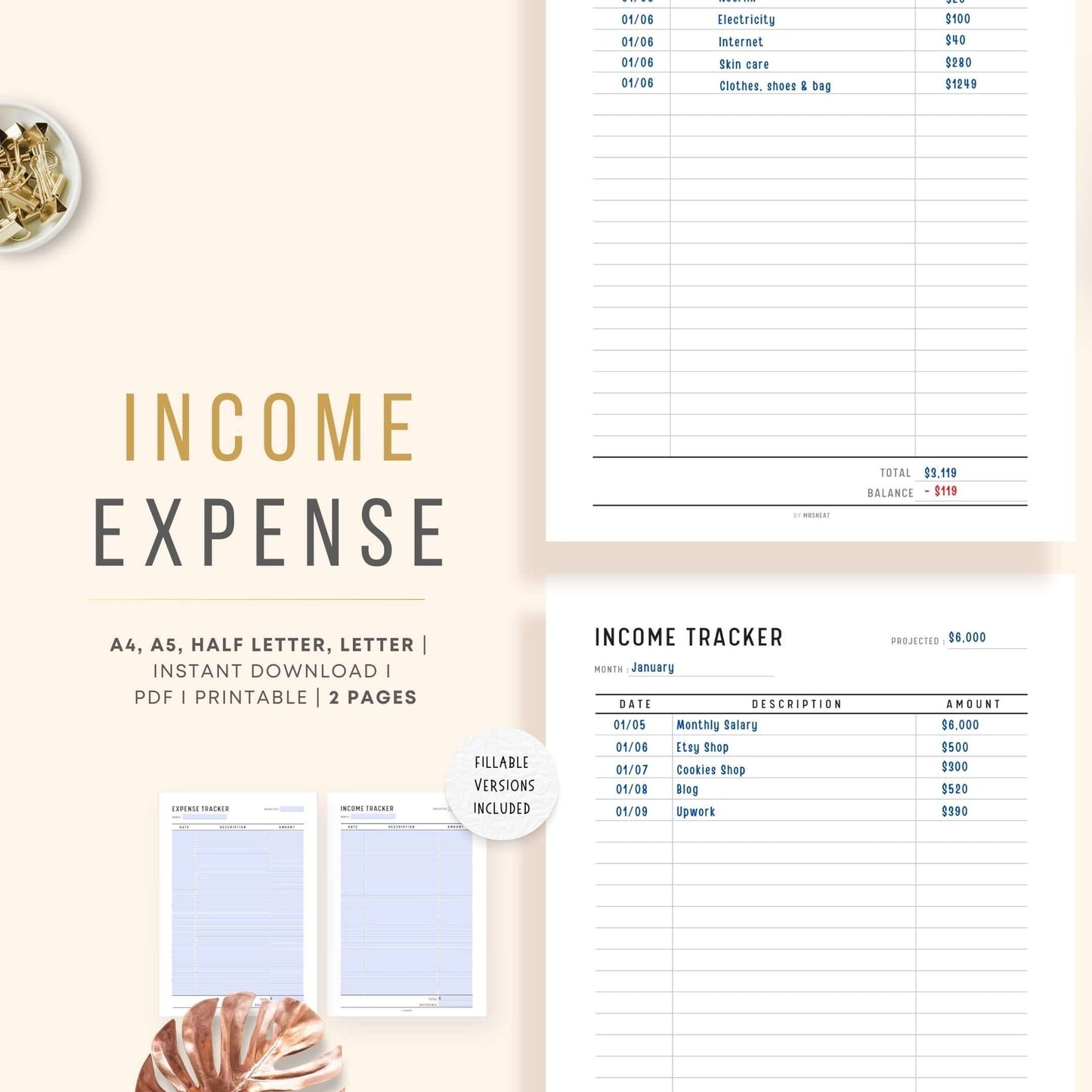 Income Expenses Tracker Printable, Printable Planner, A4, A5, Letter, Half Letter, PDF, Fillable PDF, Printable inserts