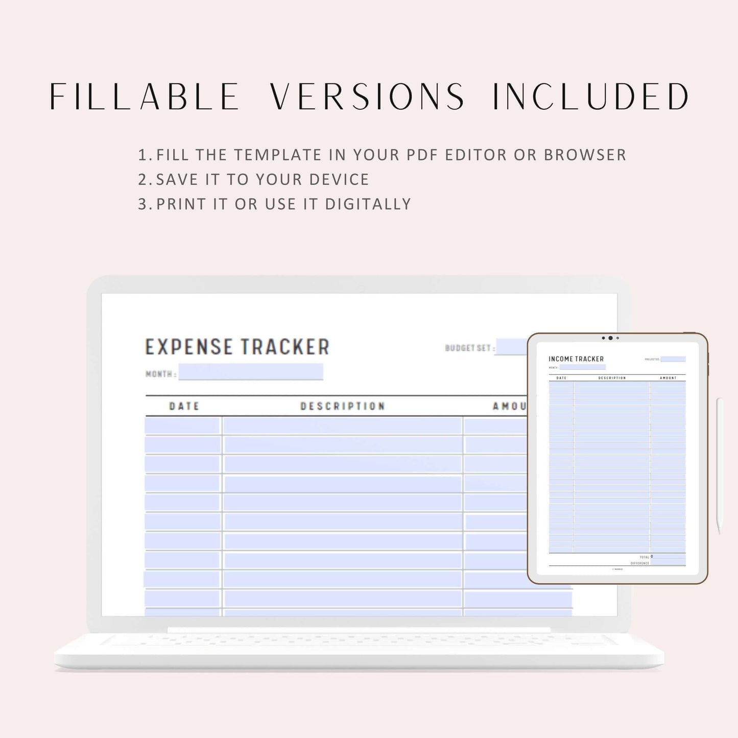 Income Expenses Tracker Printable, Printable Planner, A4, A5, Letter, Half Letter, PDF, Fillable PDF, Printable inserts