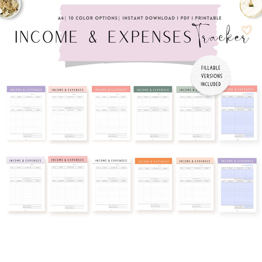Income and Expense Tracker Template Printable, A4, Purple Planner, Pink Planner, Green Planner, Peach Planner, PDF, PDF Fillable