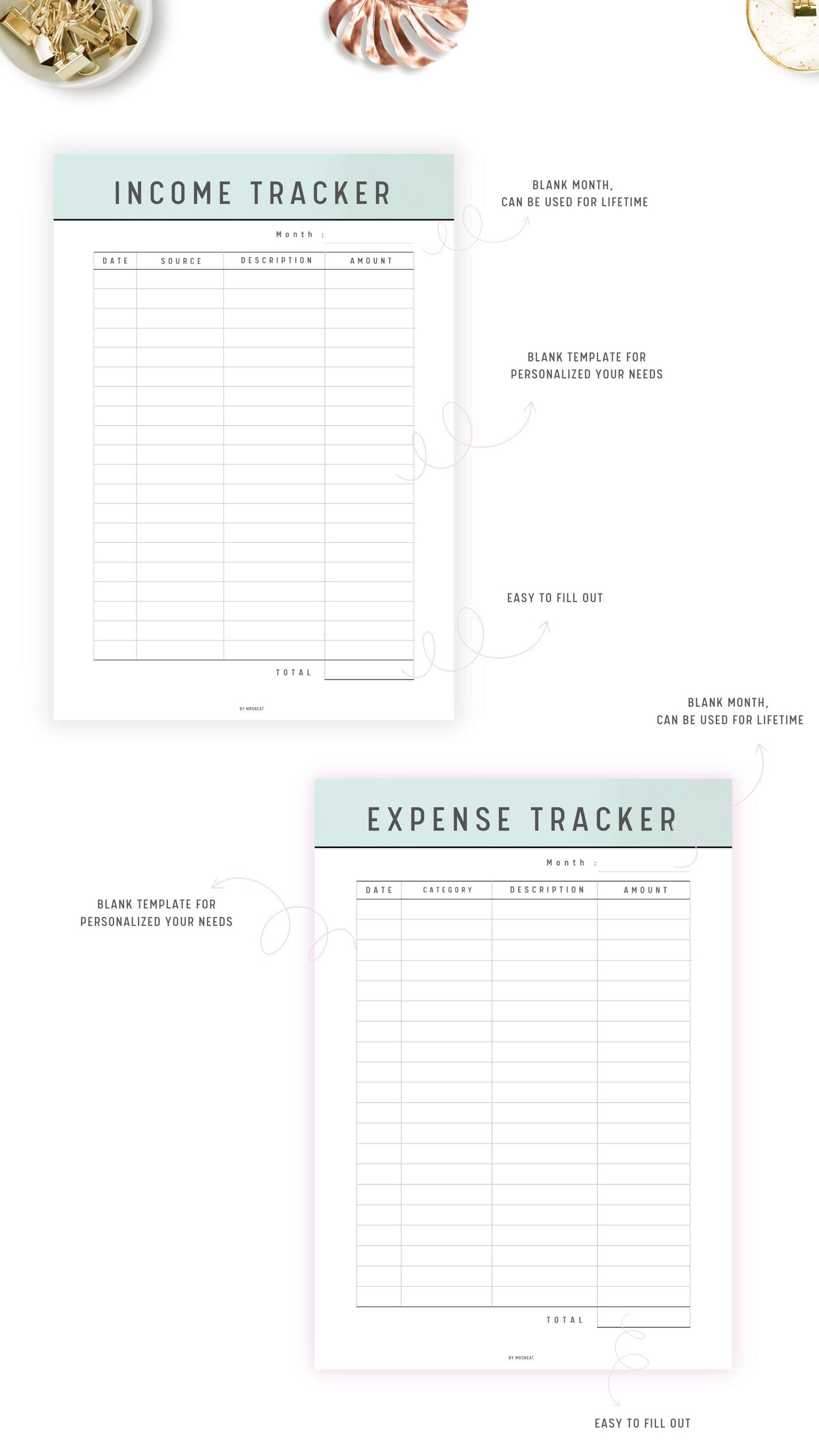 Green Income and Expense Tracker Template Printable