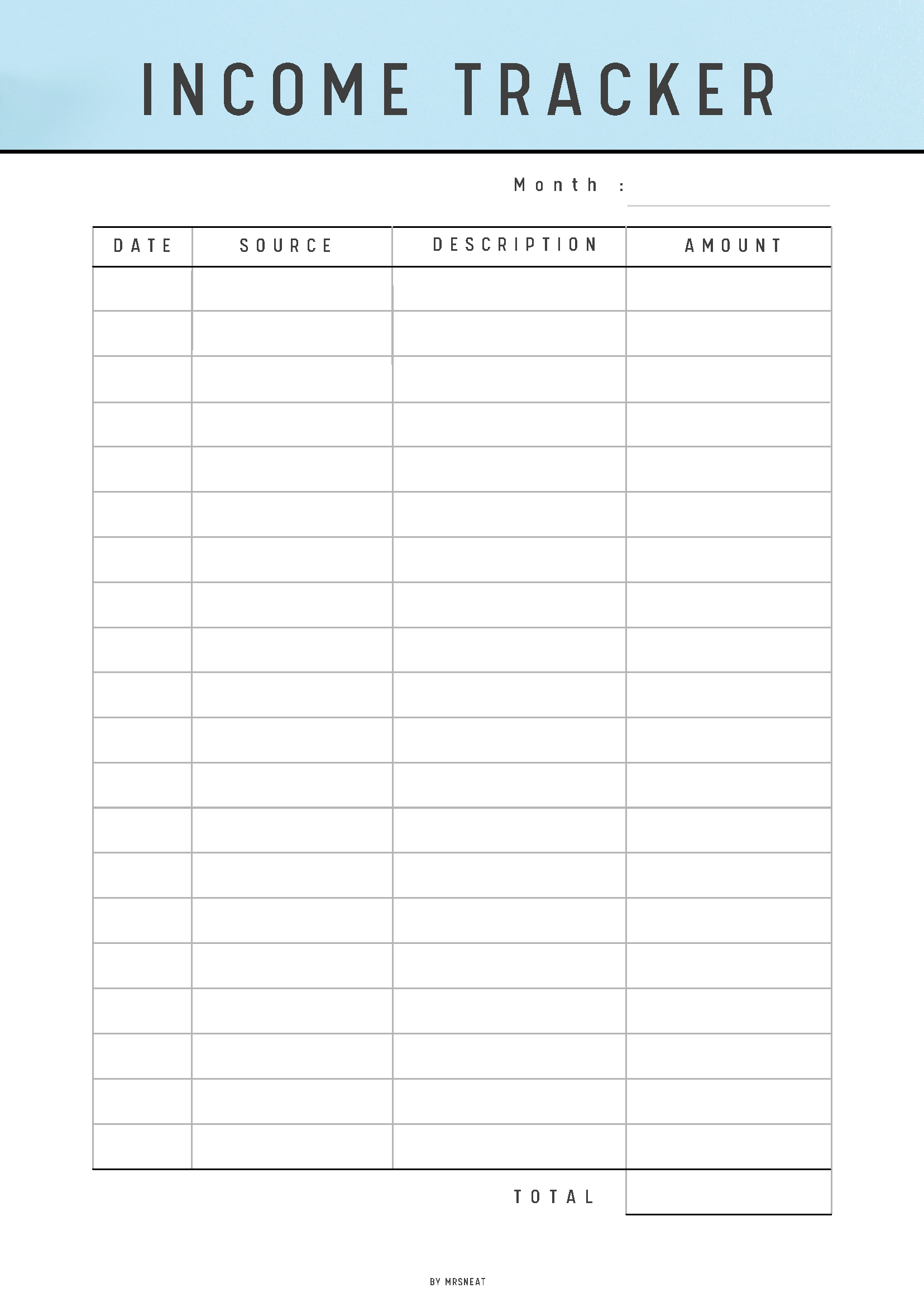 Income tracker sheet with columns for date, source, description, and amount on a light blue background.