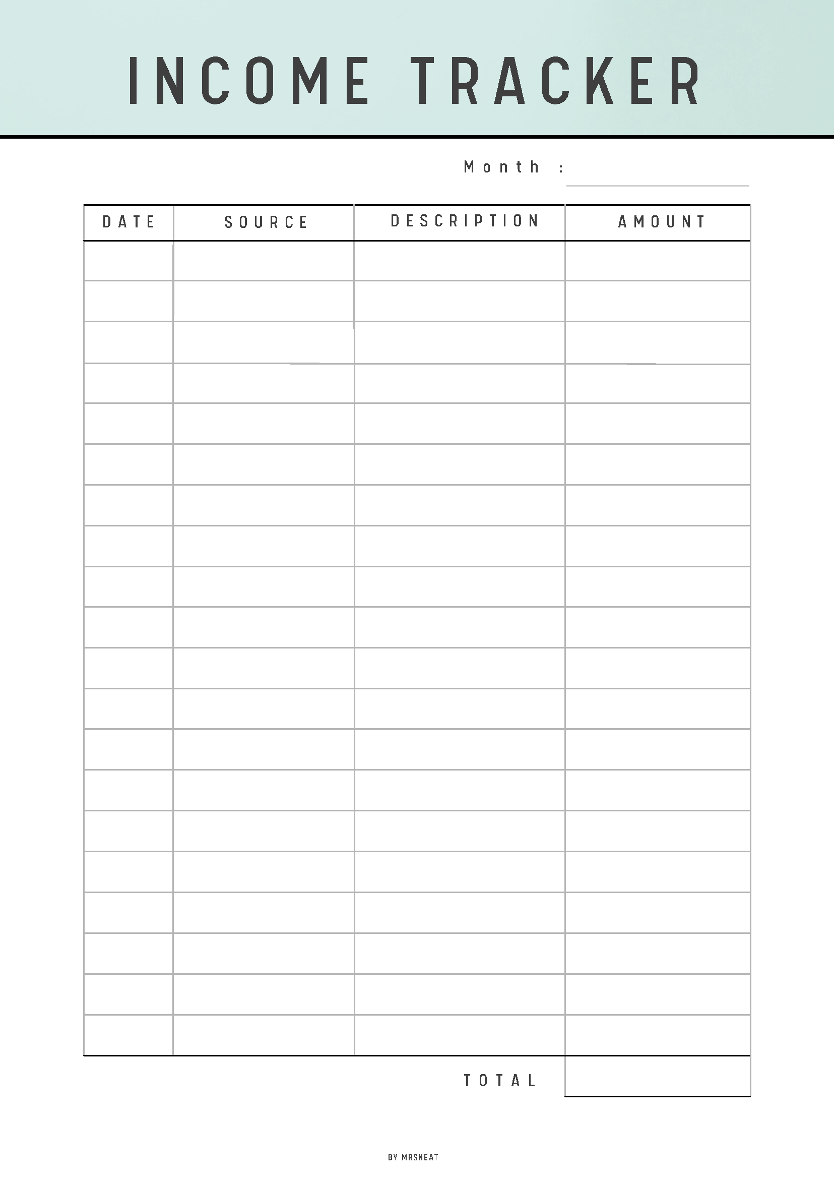 Income tracker sheet with columns for date, source, description, and amount on a light blue background.