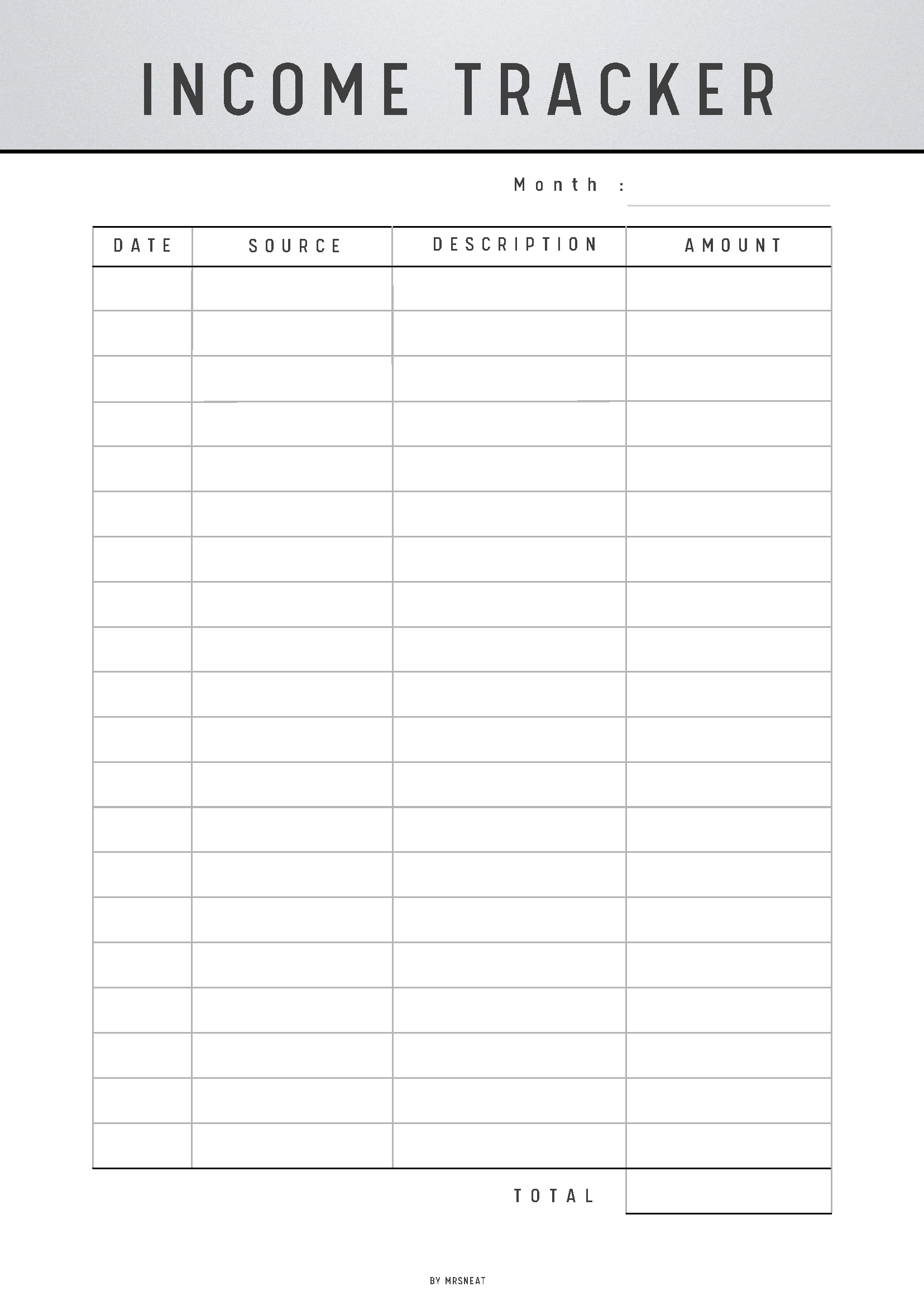 Income tracker sheet with columns for date, source, description, and amount on a white background.