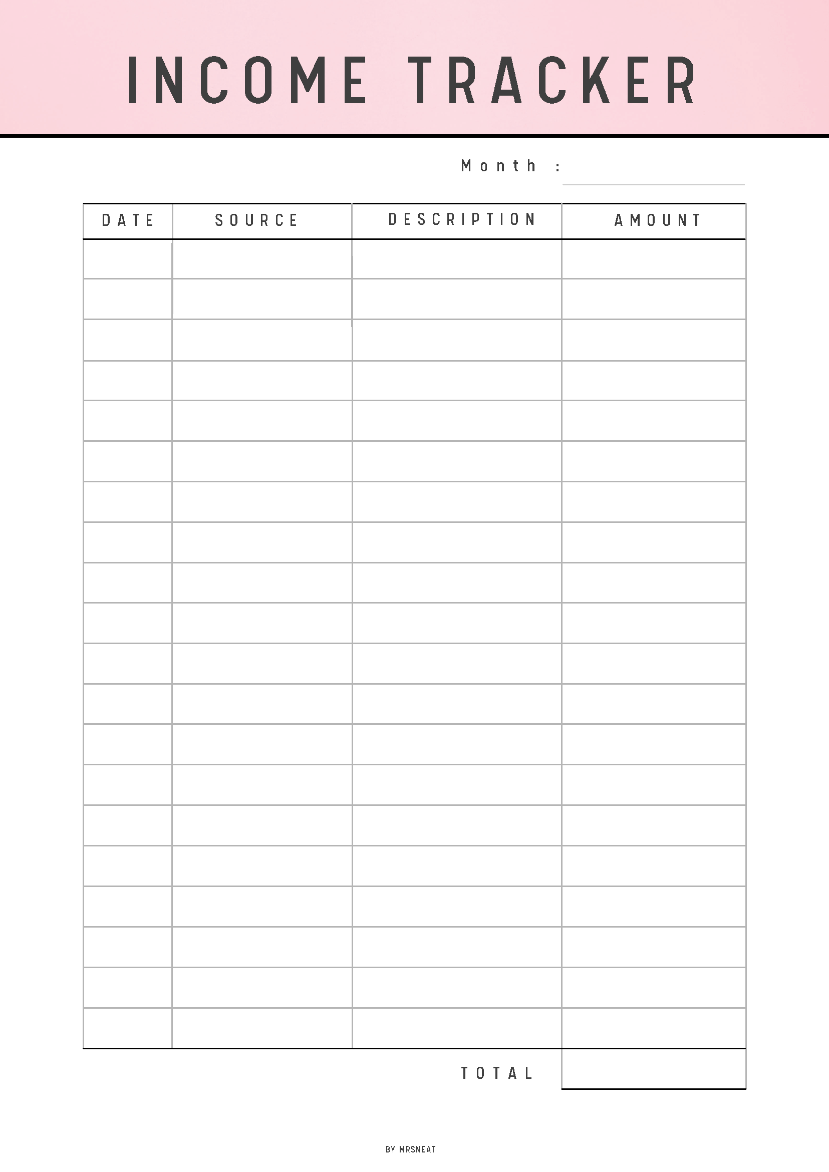 Income tracker sheet with columns for date, source, description, and amount on a pink background.