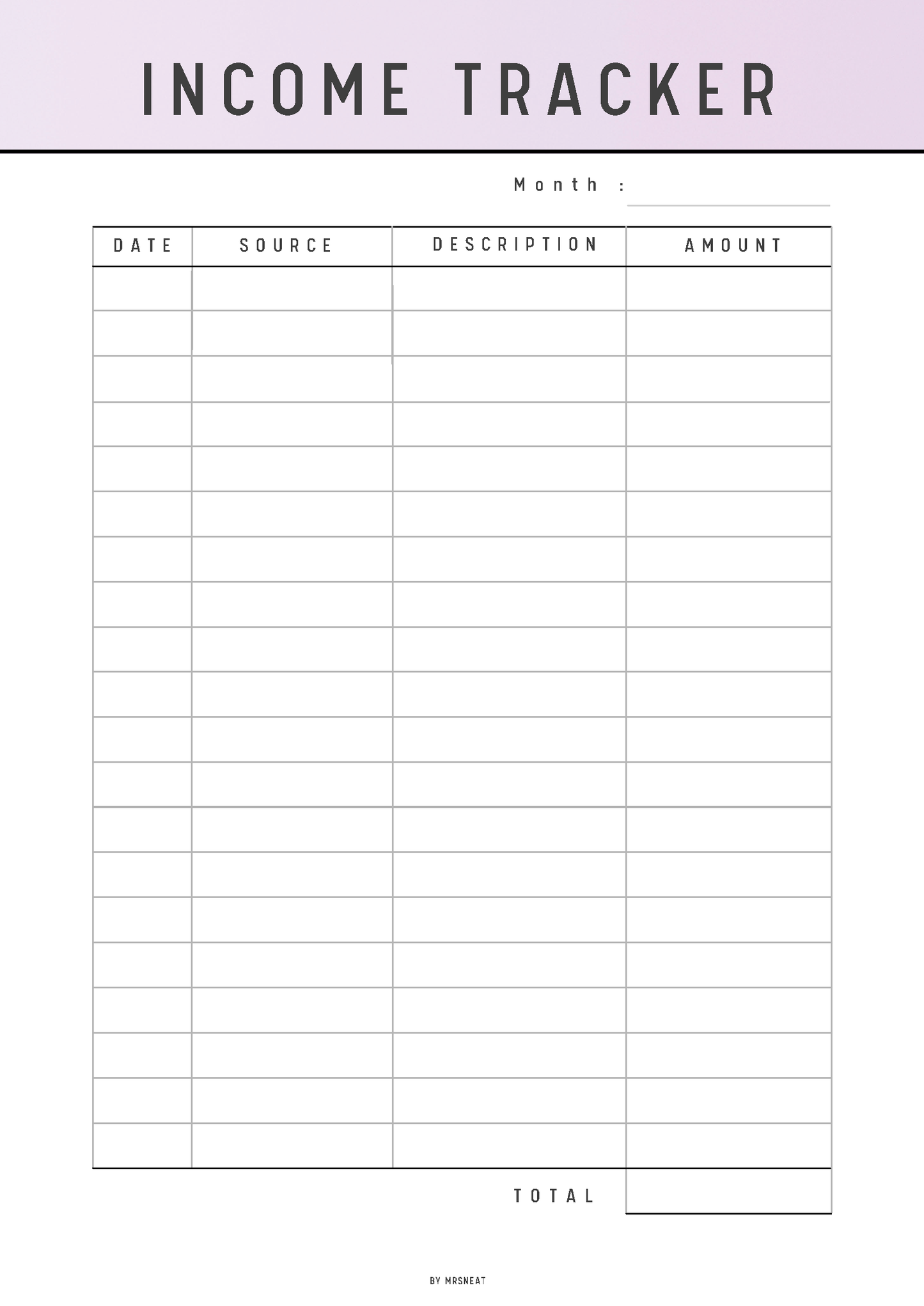Income tracker sheet with columns for date, source, description, and amount on a light purple background.