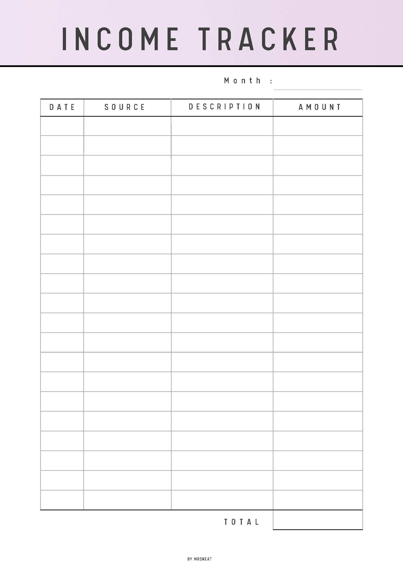 Income tracker sheet with columns for date, source, description, and amount on a light purple background.