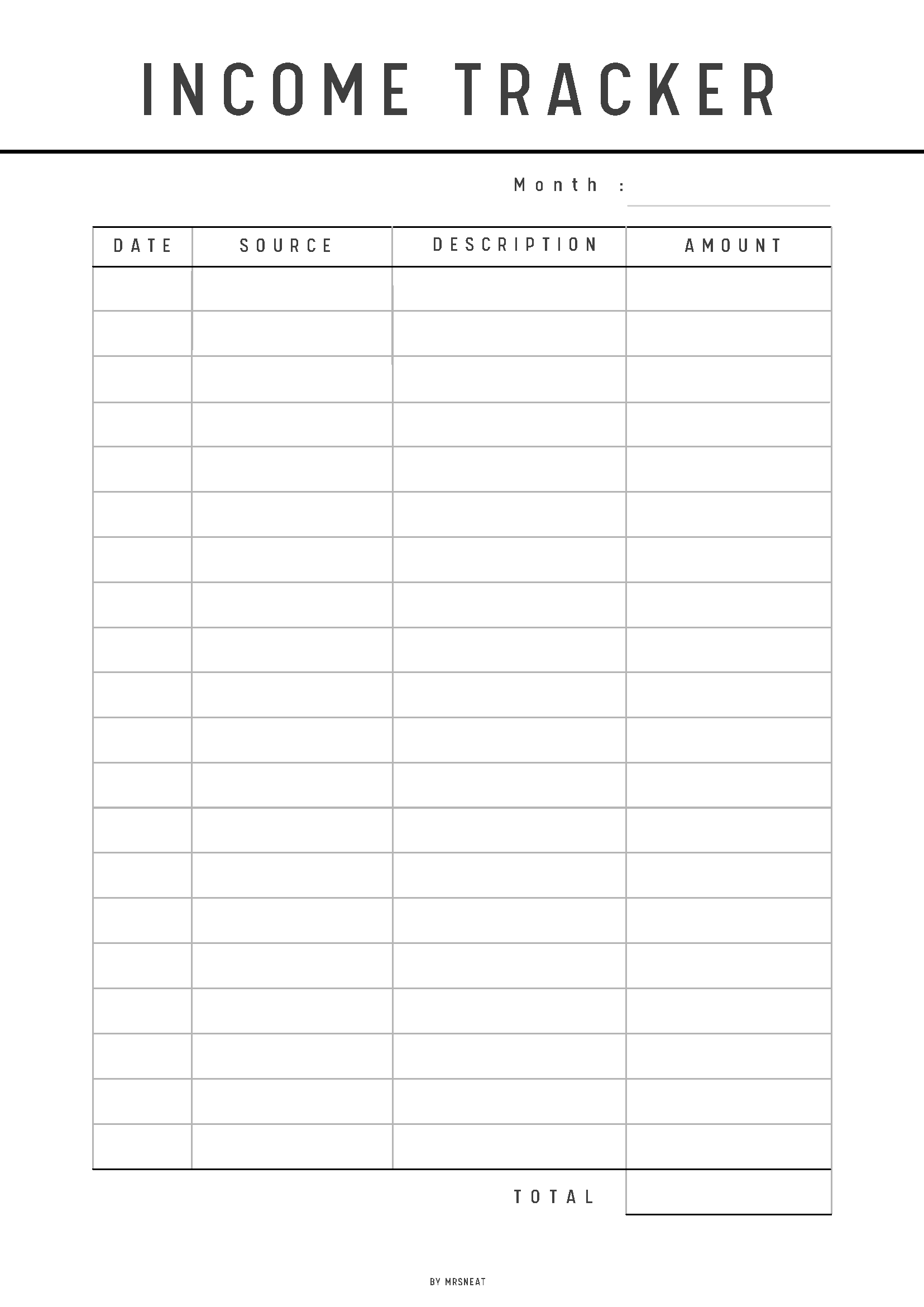 Income tracker sheet with columns for date, source, description, and amount.