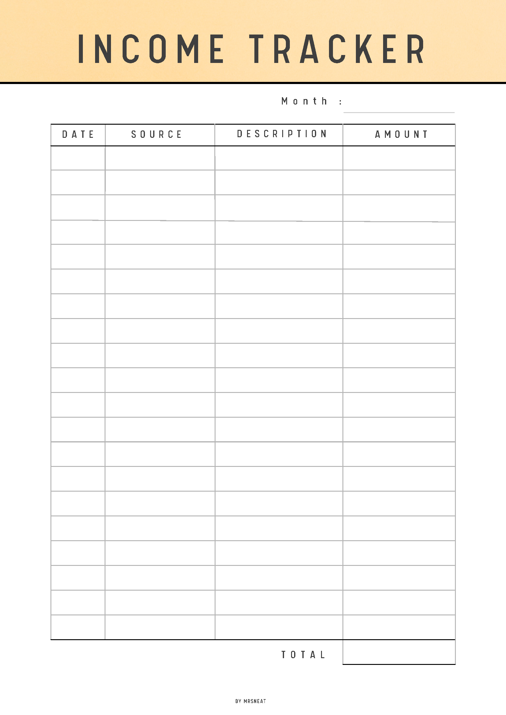 Income tracker sheet with columns for date, source, description, and amount on a beige background.