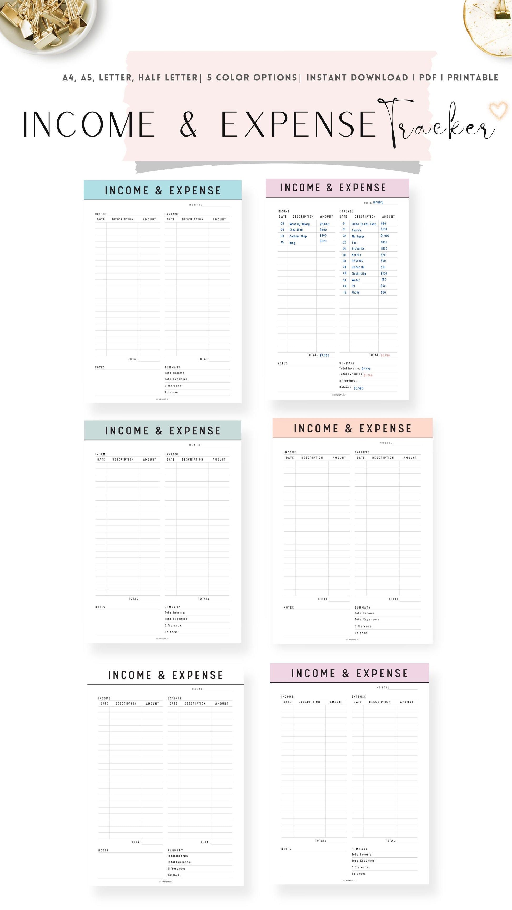 Income Expense Tracker Template on one page