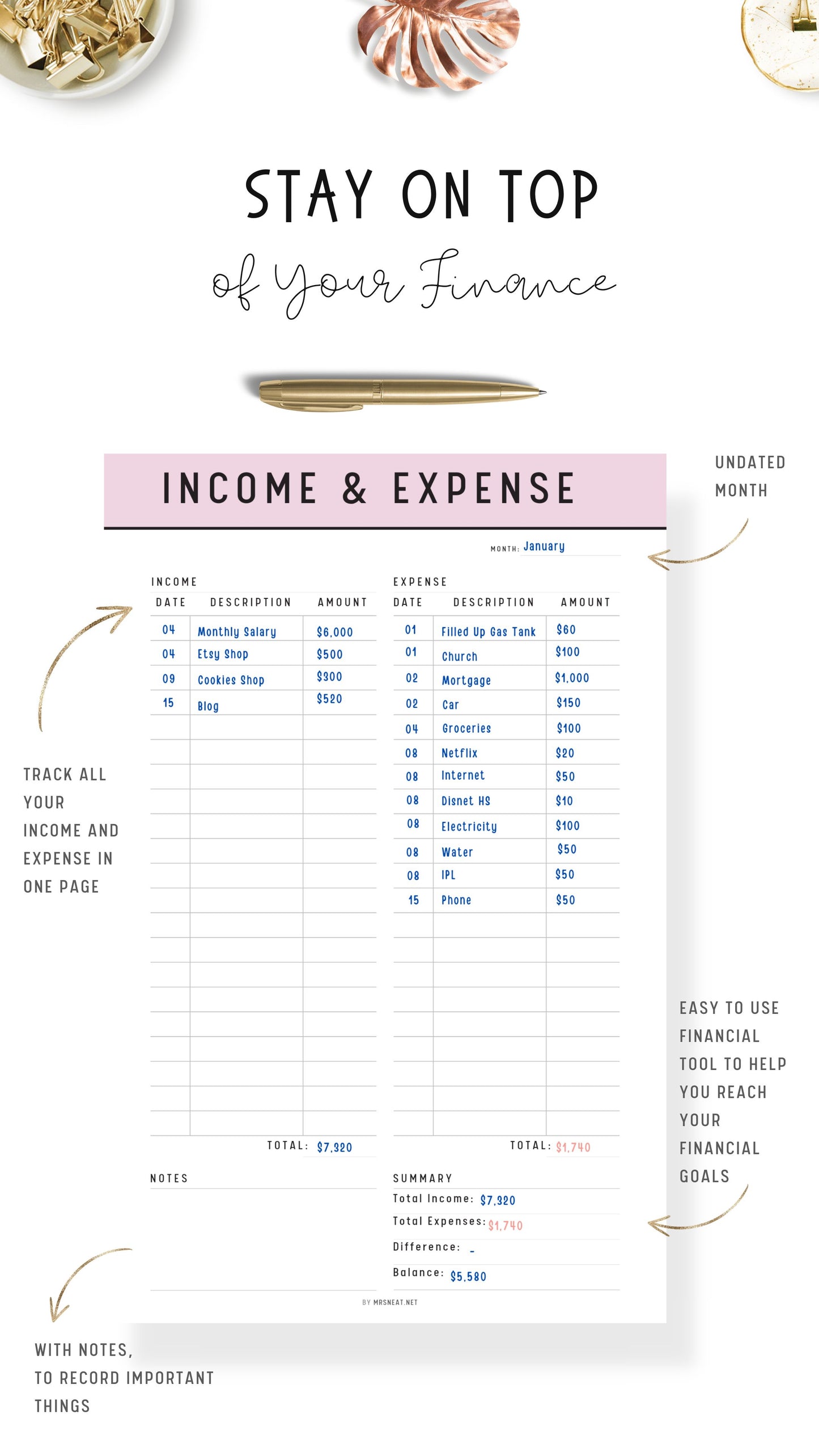Income and Expense Tracker on One Page