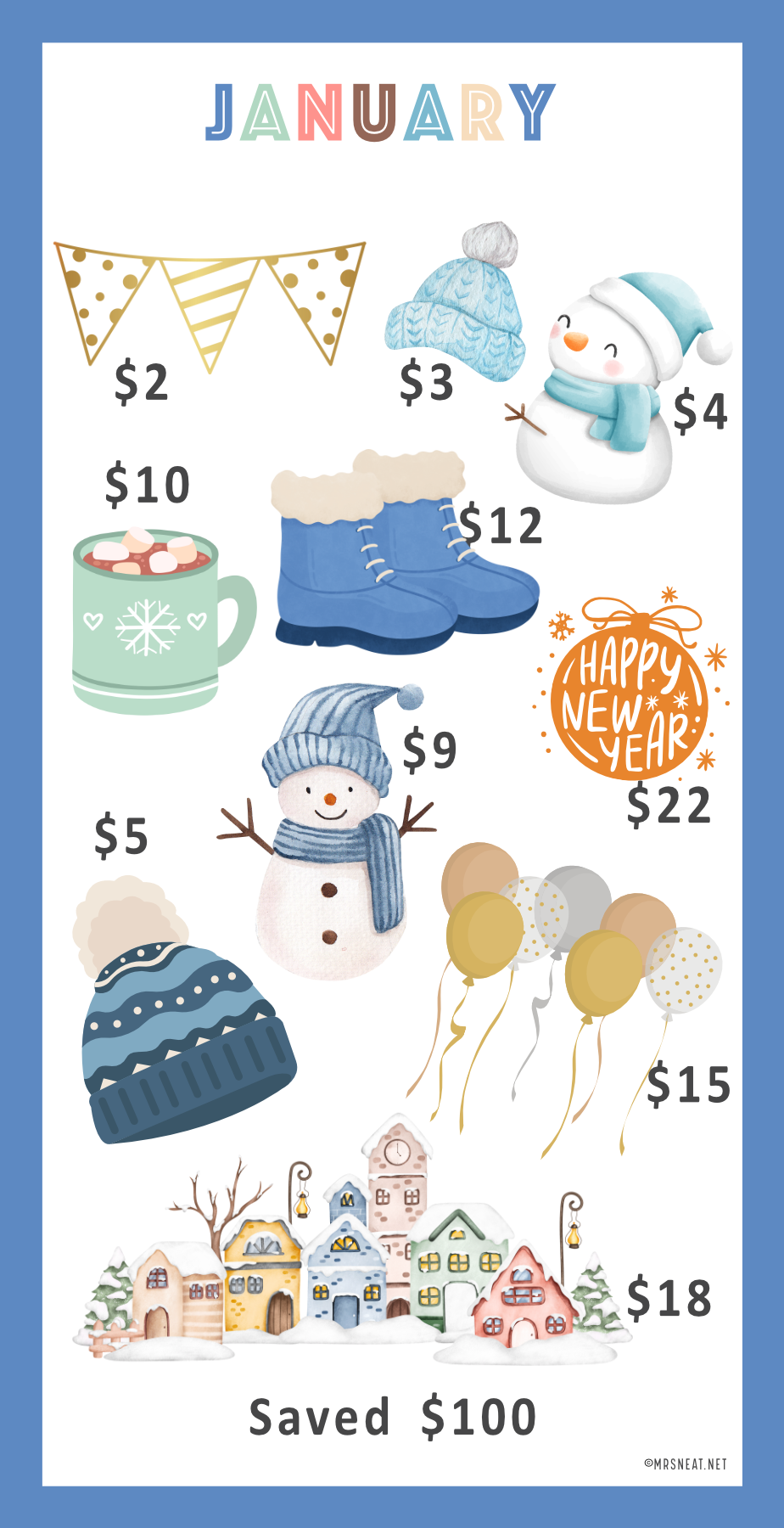 Winter-themed money tracker with snowmen, boots, and a village scene on a white background.