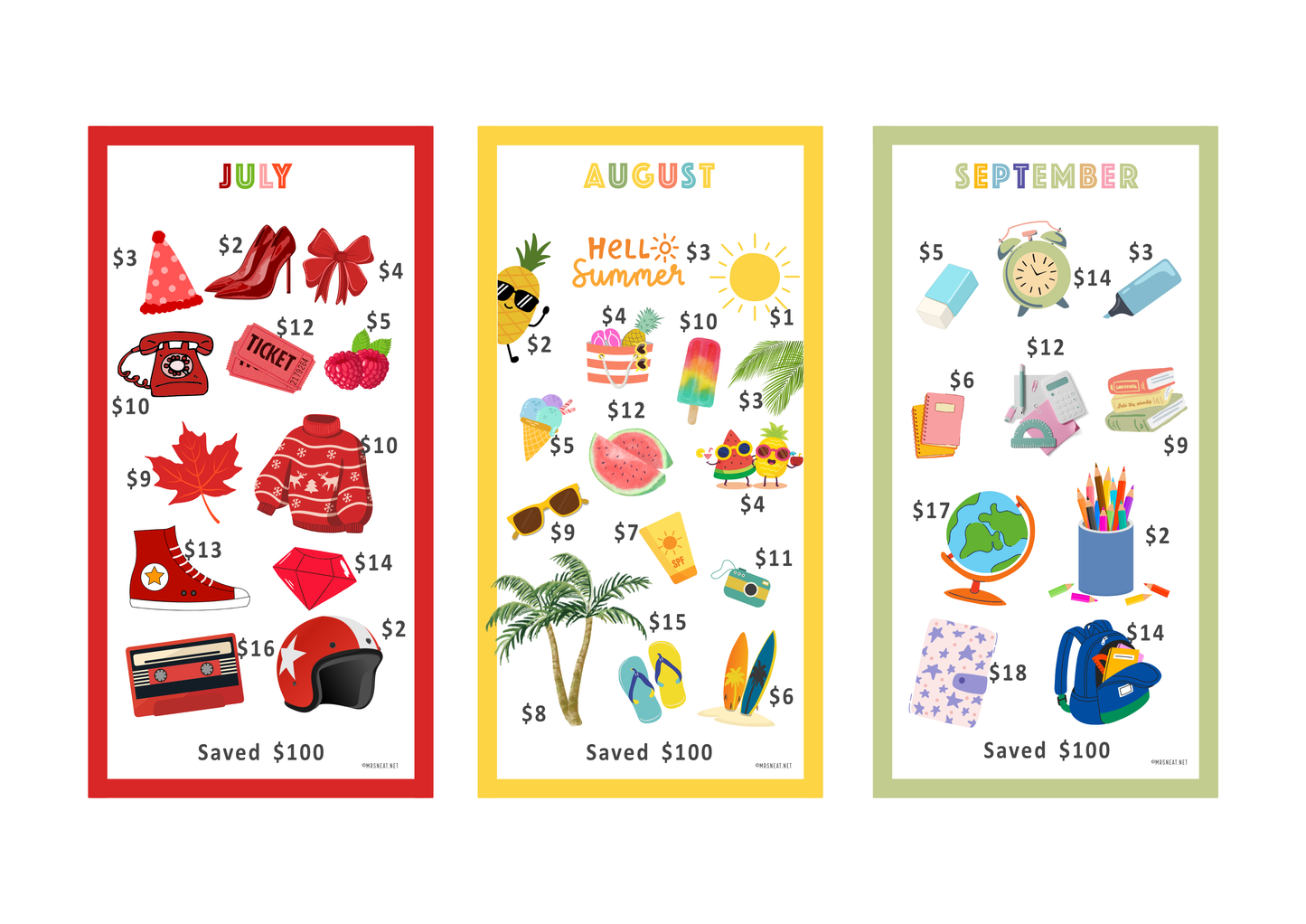 Three colorful Mini savings challenge for July, August, and September with various items and saving amount.