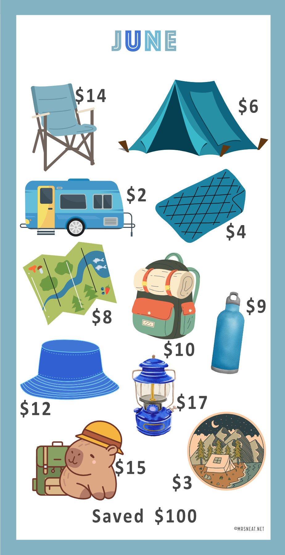 Mini savings challenge camping themed with saving amount on a blue background, featuring text 'JUNE' at the top.