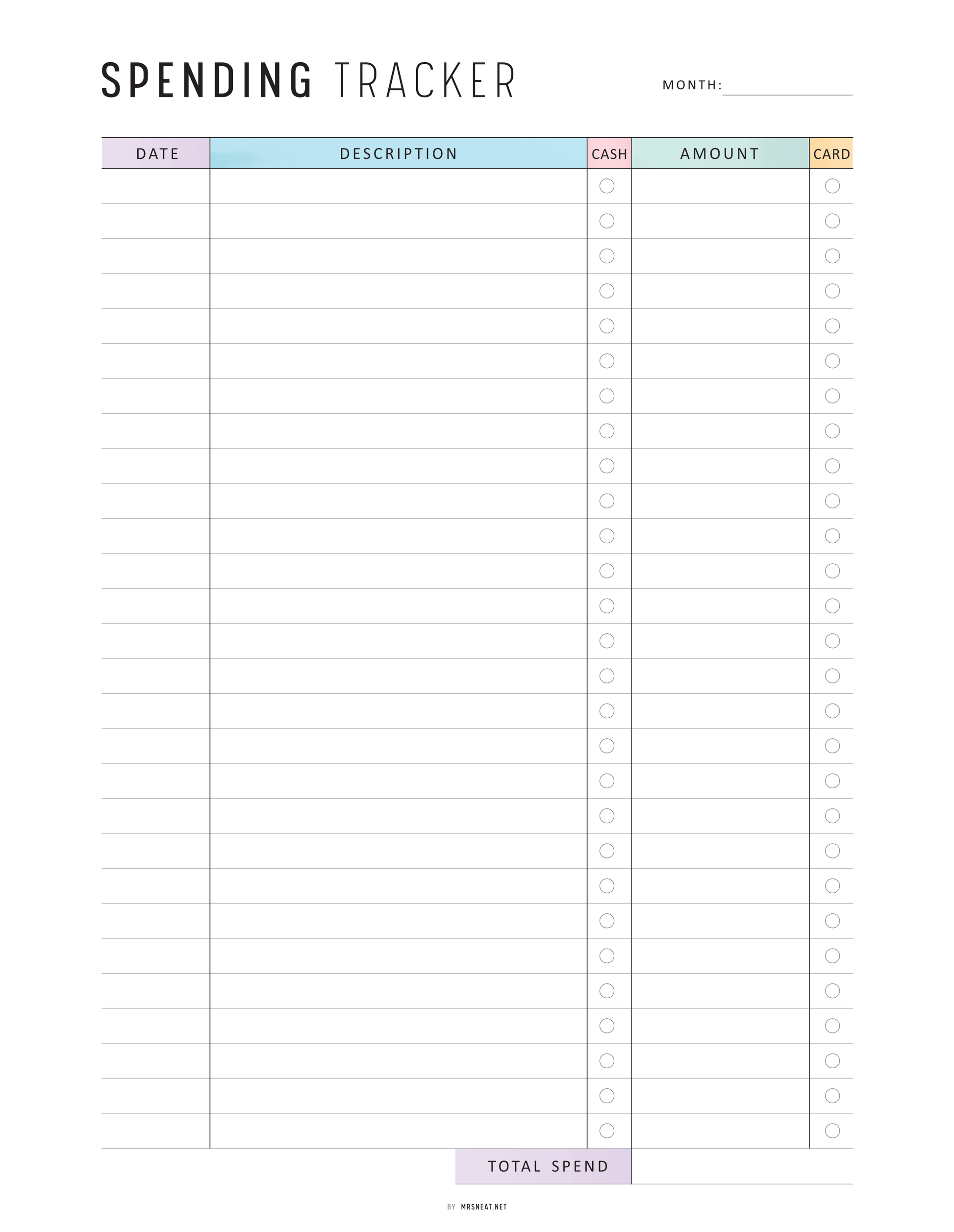 Monthly Spending Tracker Printable, A4, A5, Letter, Half Letter, Minimalist and Colorful Page