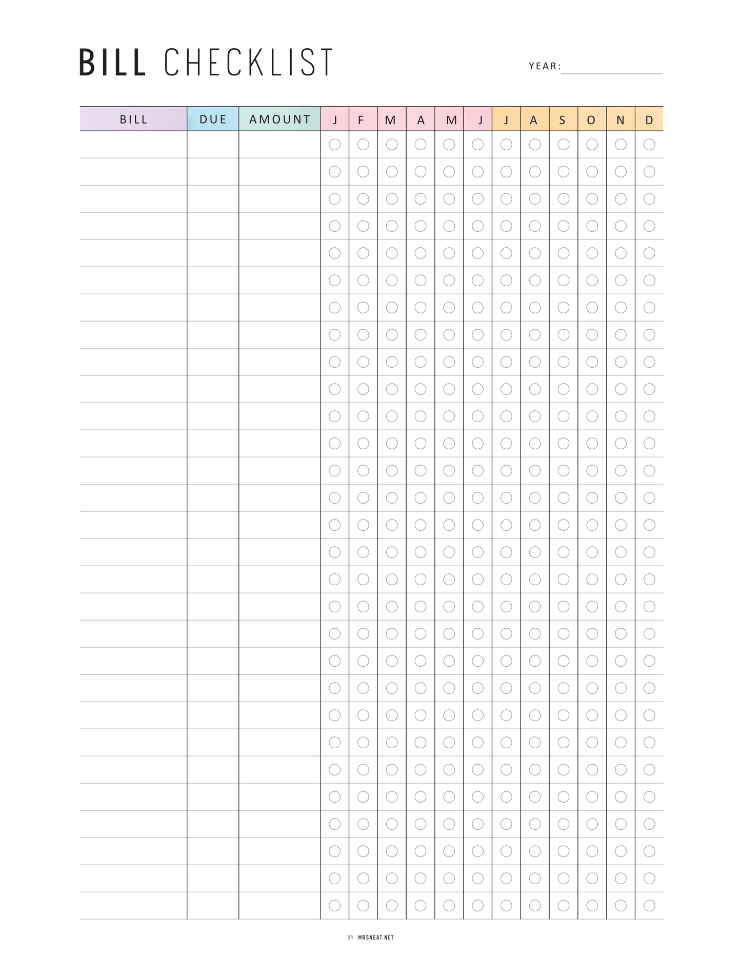 One Year Bill Checklist Printable, 12 Month Bill Payment Checklist, A4, A5, Letter, Half Letter, Minimalist & Colorful Page