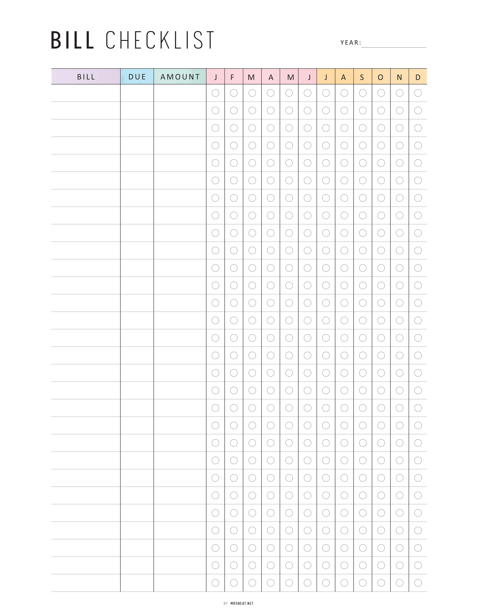 One Year Bill Checklist Printable, 12 Month Bill Payment Checklist, A4, A5, Letter, Half Letter, Minimalist & Colorful Page