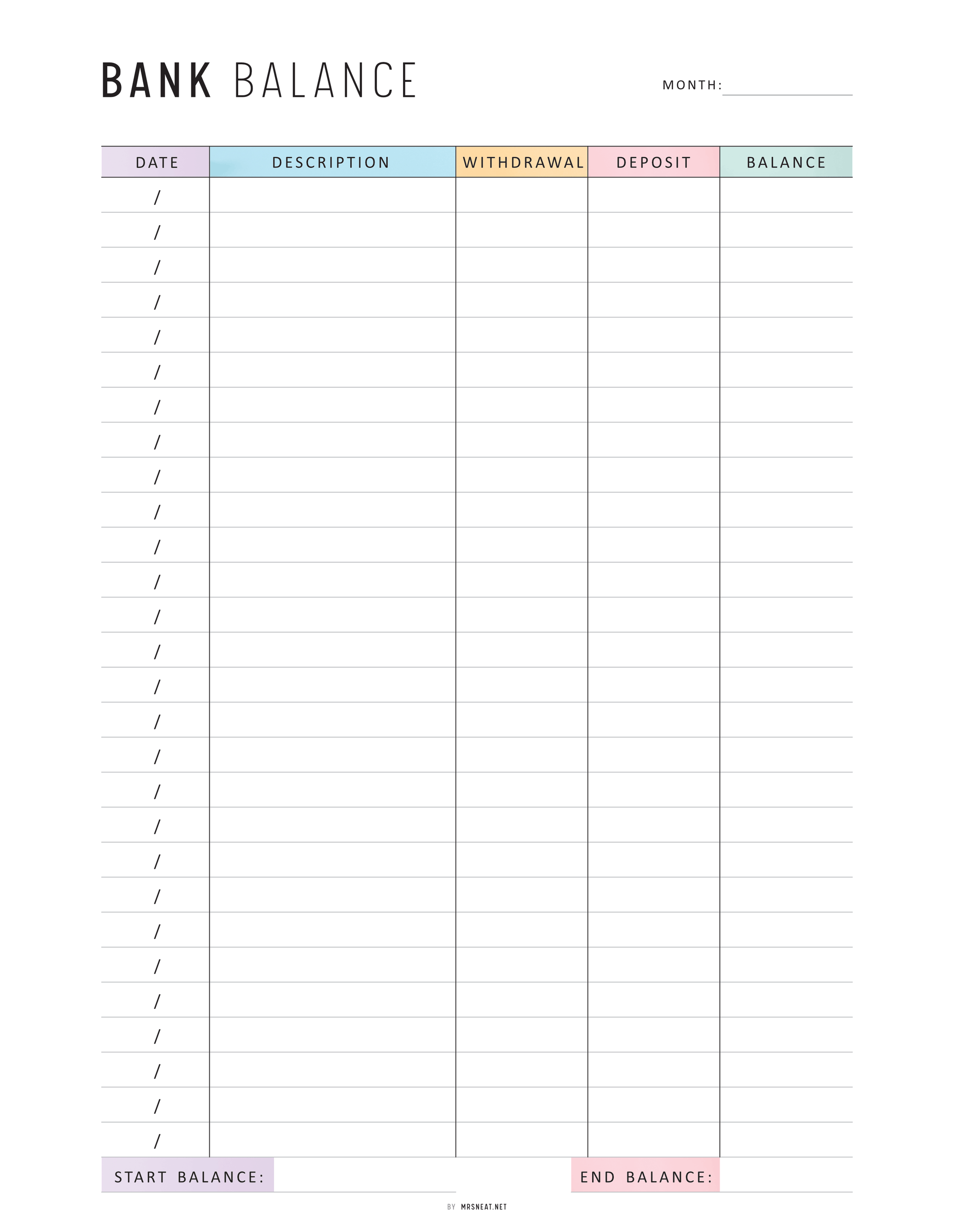Bank Balance Sheet, Printable, A4, A5, Letter, Half Letter, Colorful and Minimalist Page