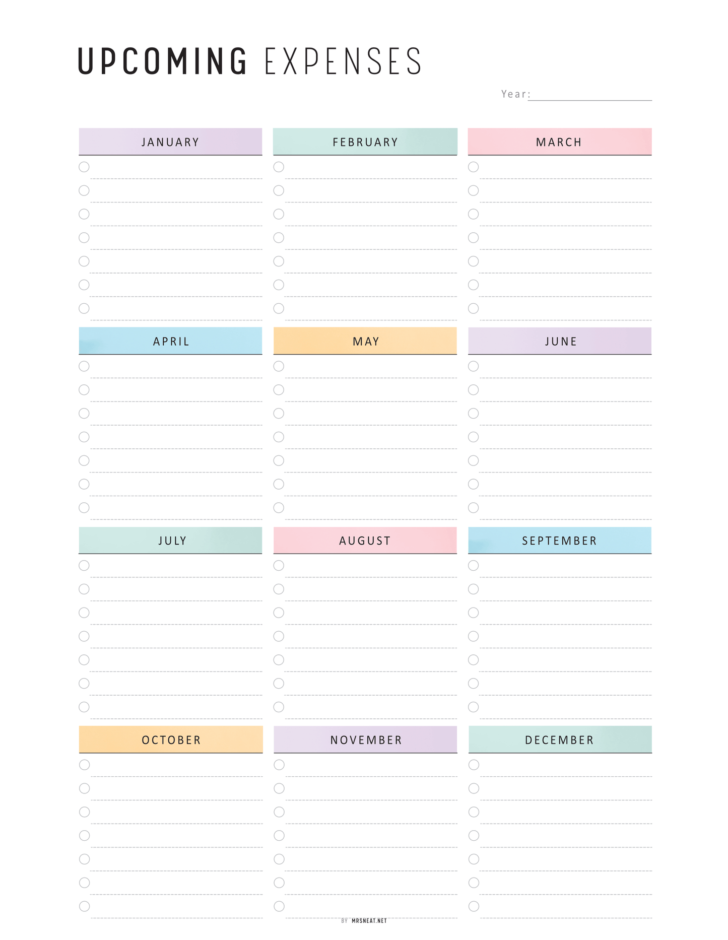 Upcoming Expenses Template, Printable, A4, A5, Letter, Half Letter, PDF, Digital Planner, 2 Colors, Instant Download