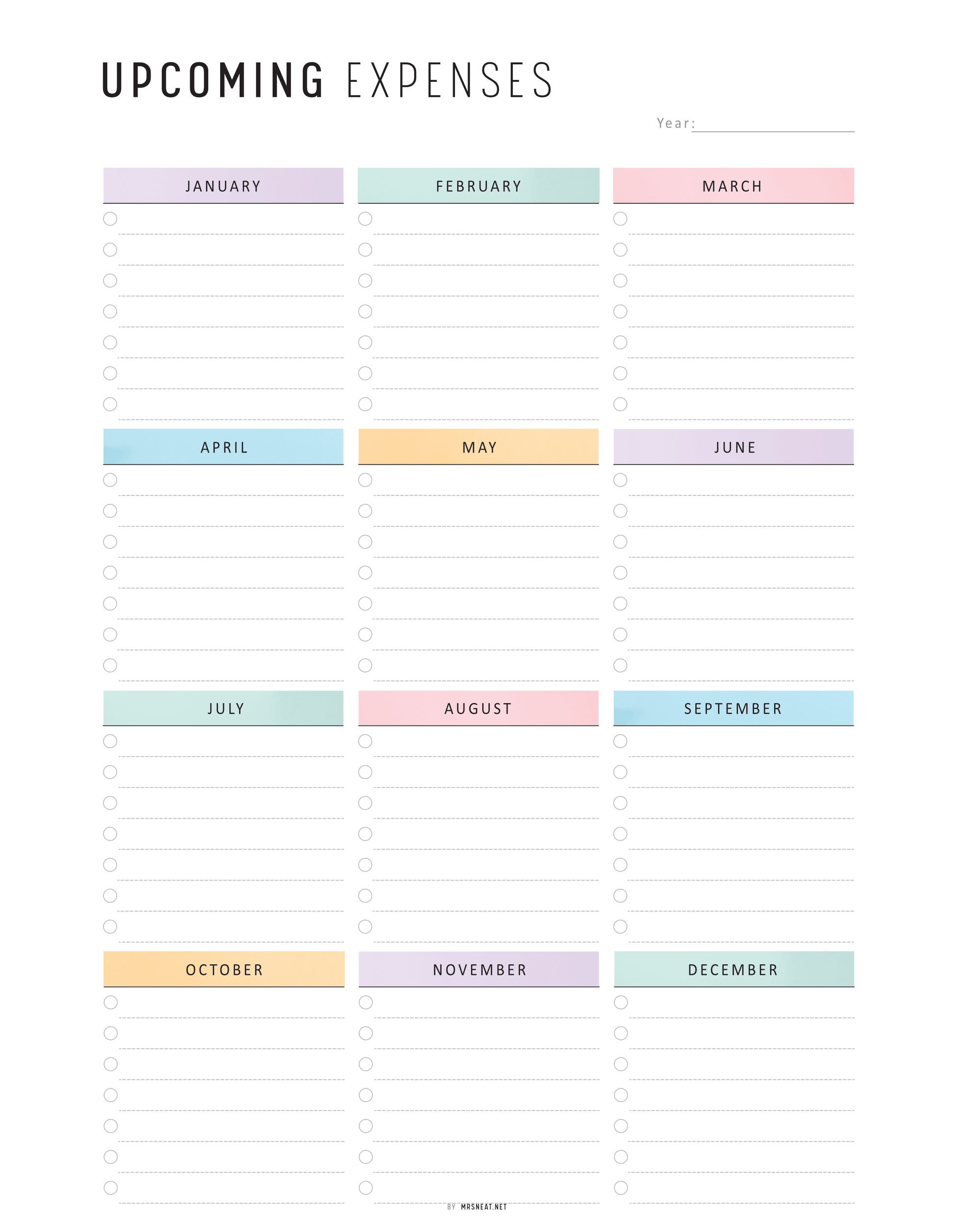 Upcoming Expenses Template, Printable, A4, A5, Letter, Half Letter, PDF, Digital Planner, 2 Colors, Instant Download