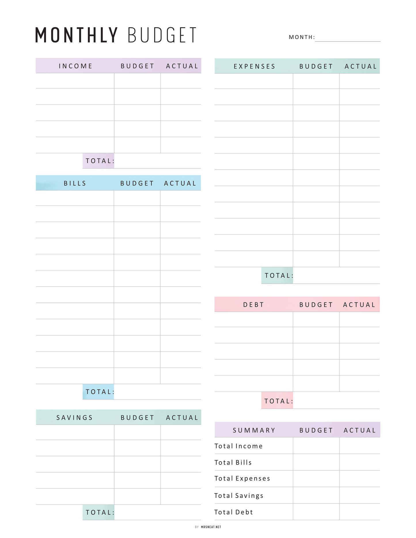 Monthly Budget Printable, A4, A5, Letter, Half Letter, 2 Colors, Digital Planner