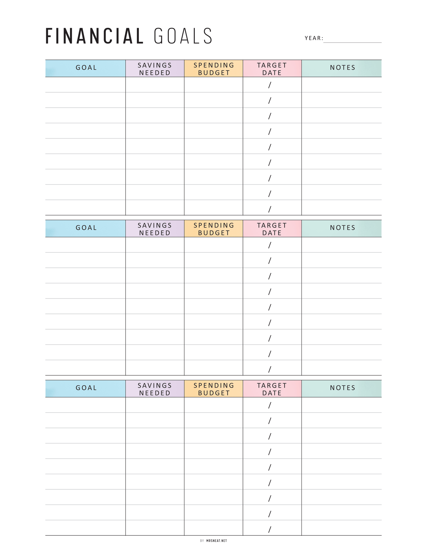 Financial Goals Printable, A4, A5, Letter, Half Letter, Minimalist and Colorful Page