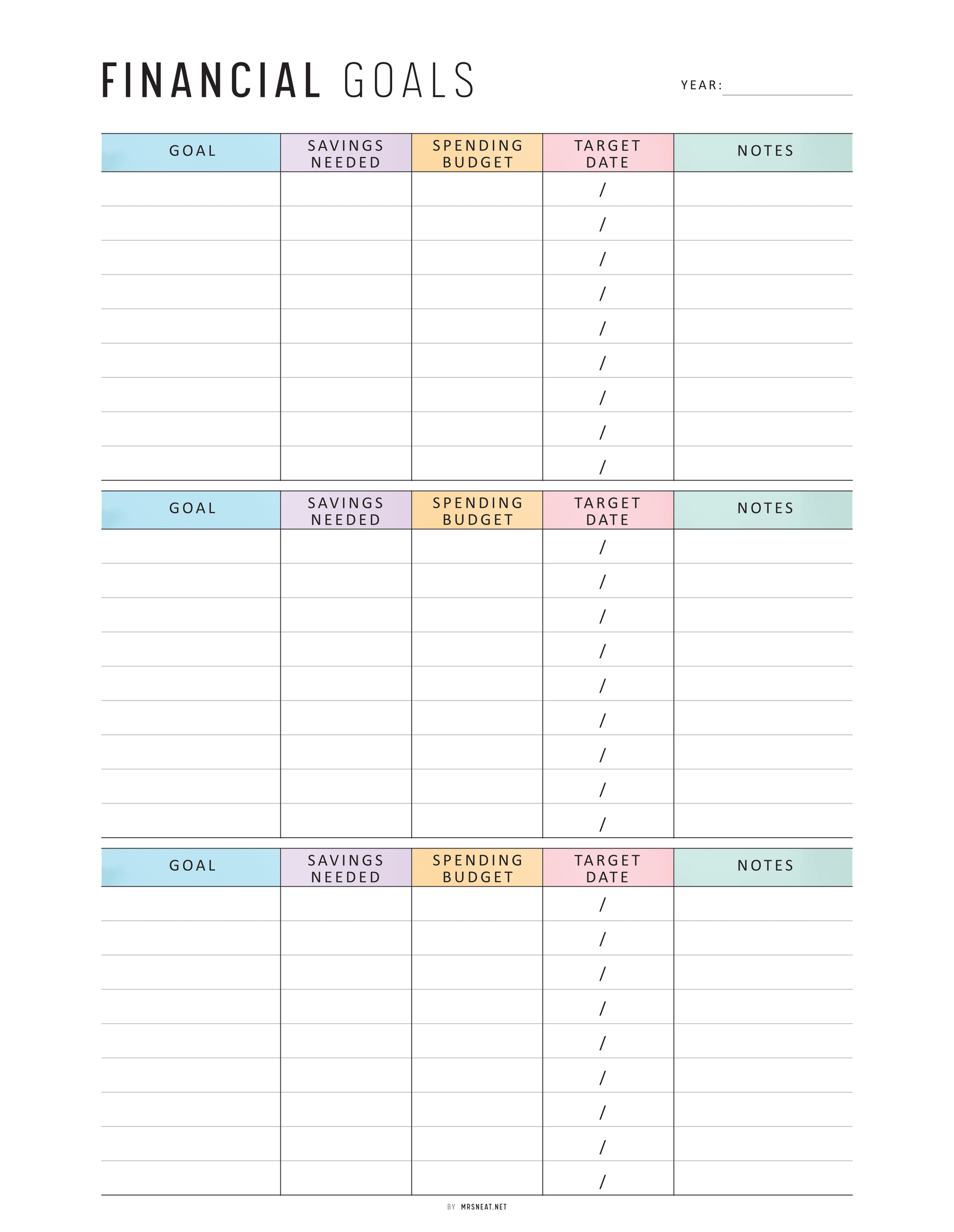 Financial Goals Printable, A4, A5, Letter, Half Letter, Minimalist and Colorful Page
