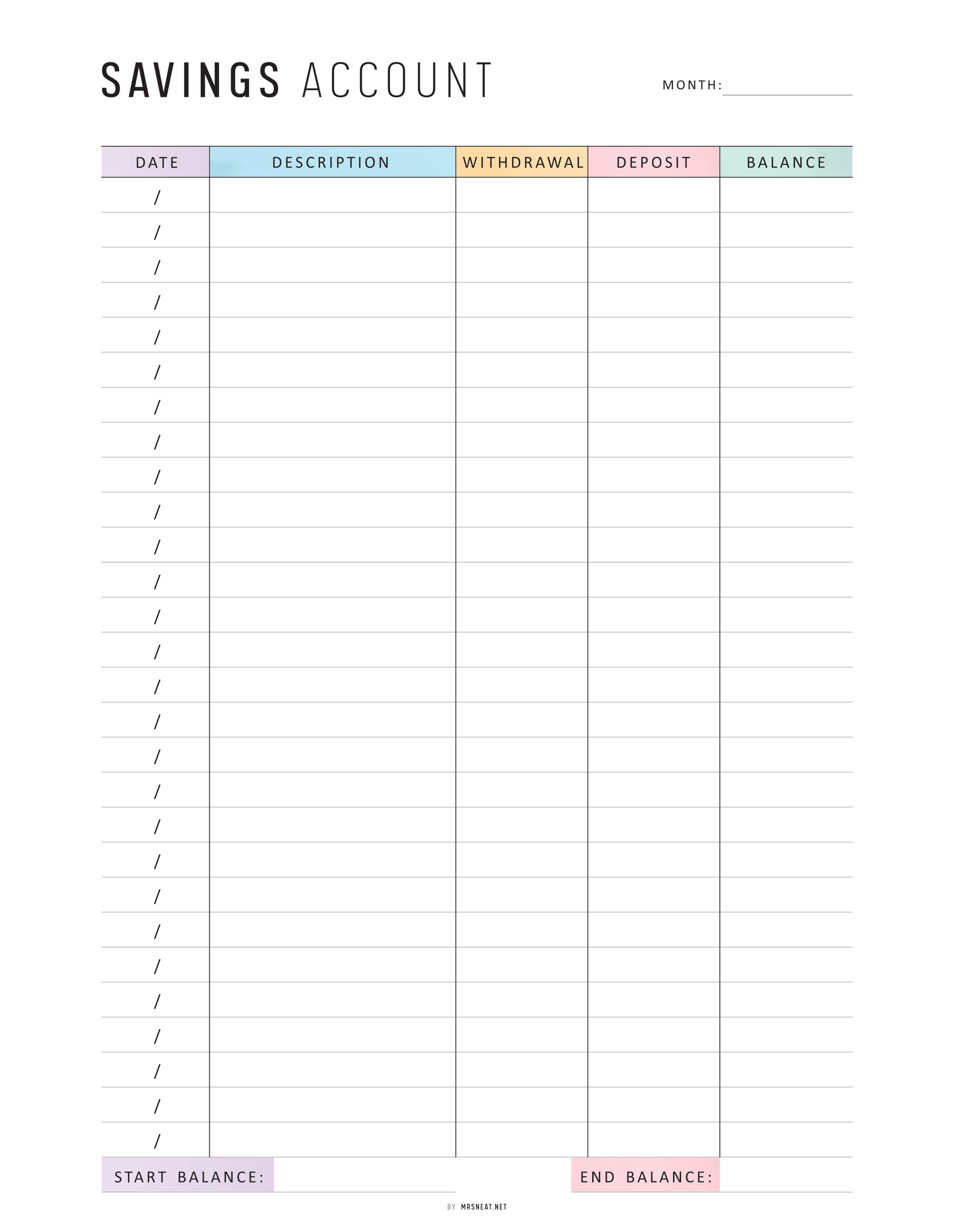 Savings Account Tracker Printable, A4, A5, Letter, Half Letter, Minimalist and Colorful Page