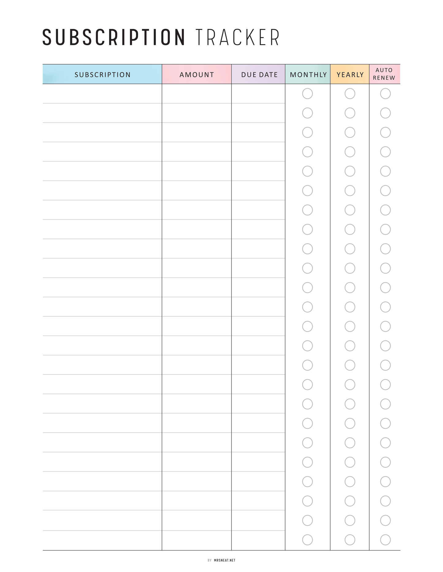 Subscription Tracker, Printable, A4, A5, Letter, Half Letter, PDF, Digital Planner, 2 Colors