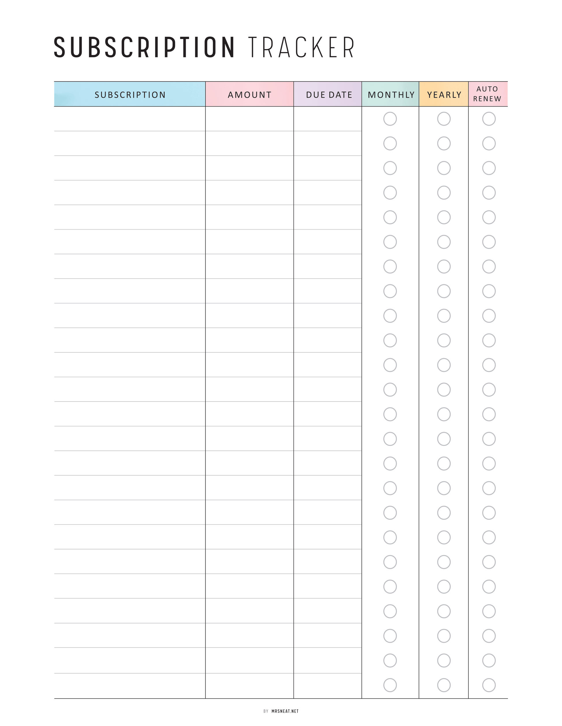 Subscription Tracker, Printable, A4, A5, Letter, Half Letter, PDF, Digital Planner, 2 Colors