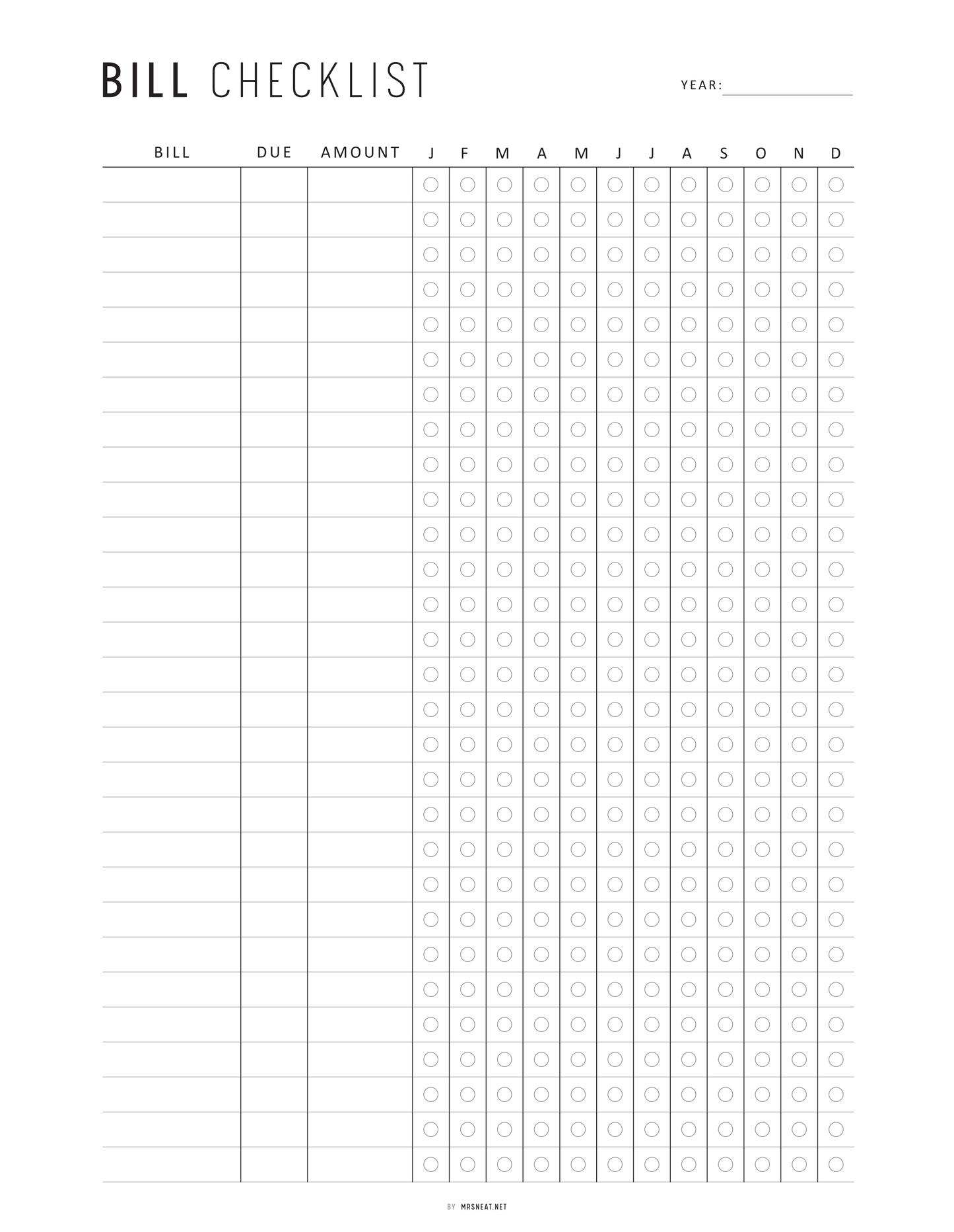 One Year Bill Checklist Printable, 12 Month Bill Payment Checklist, A4, A5, Letter, Half Letter, Minimalist & Colorful Page