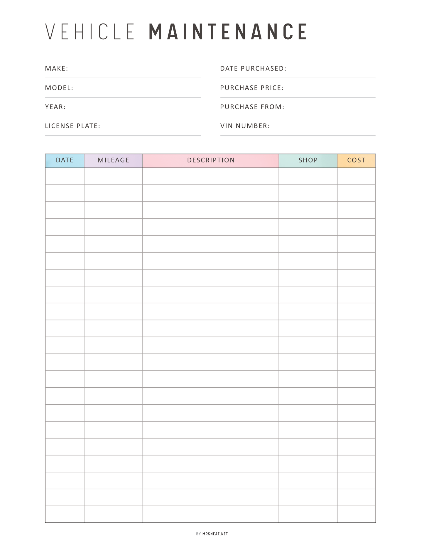 Vehicle maintenance log sheet with columns for make, model, purchase details, and maintenance entries.