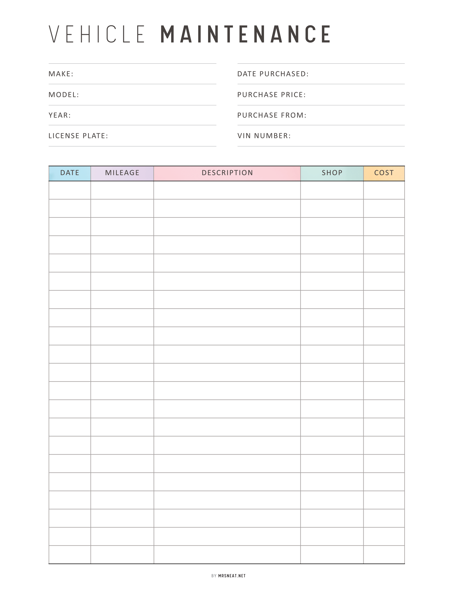 Vehicle maintenance log sheet with columns for make, model, purchase details, and maintenance entries.