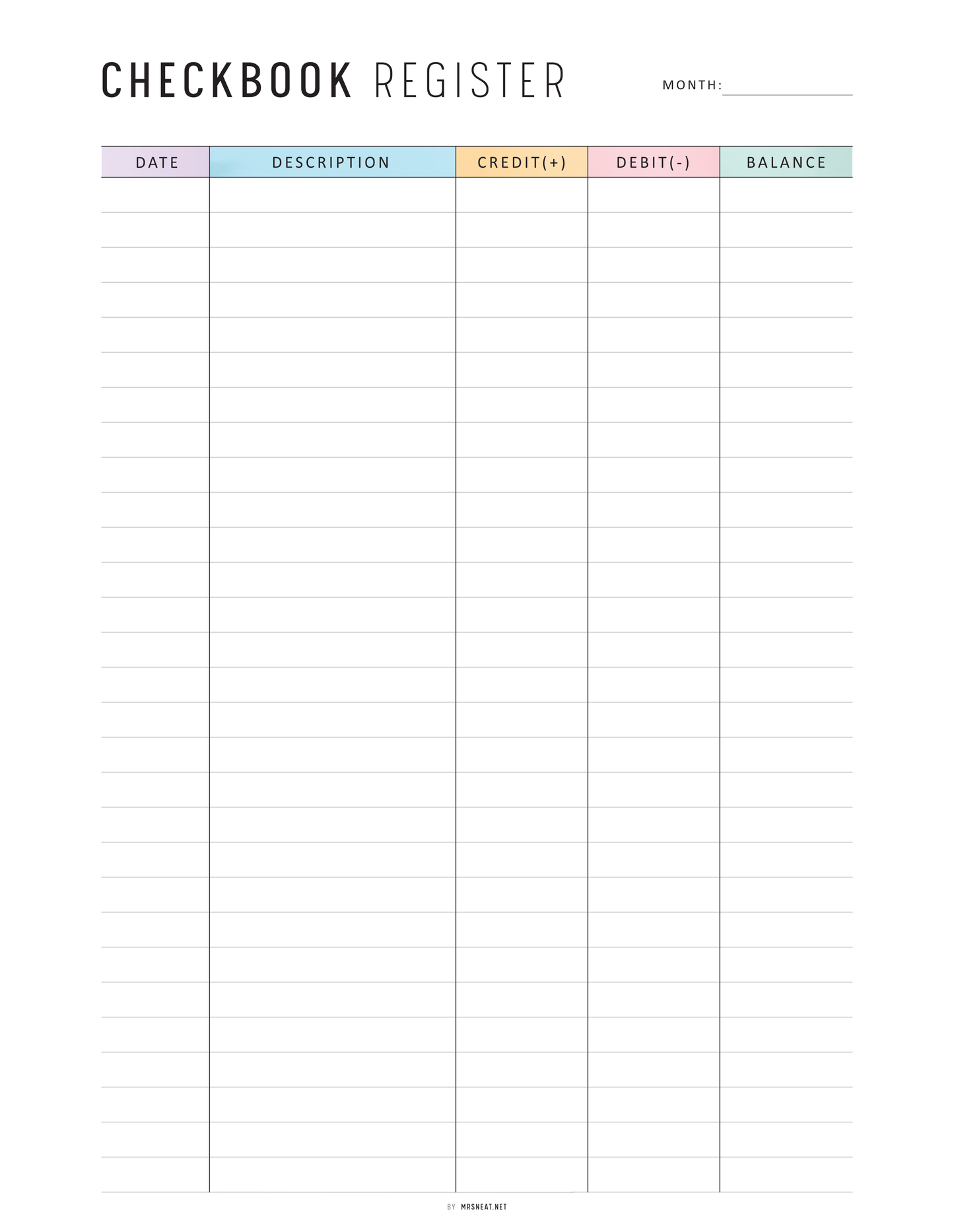 Checkbook register form with columns for date, description, credit, debit, and balance.