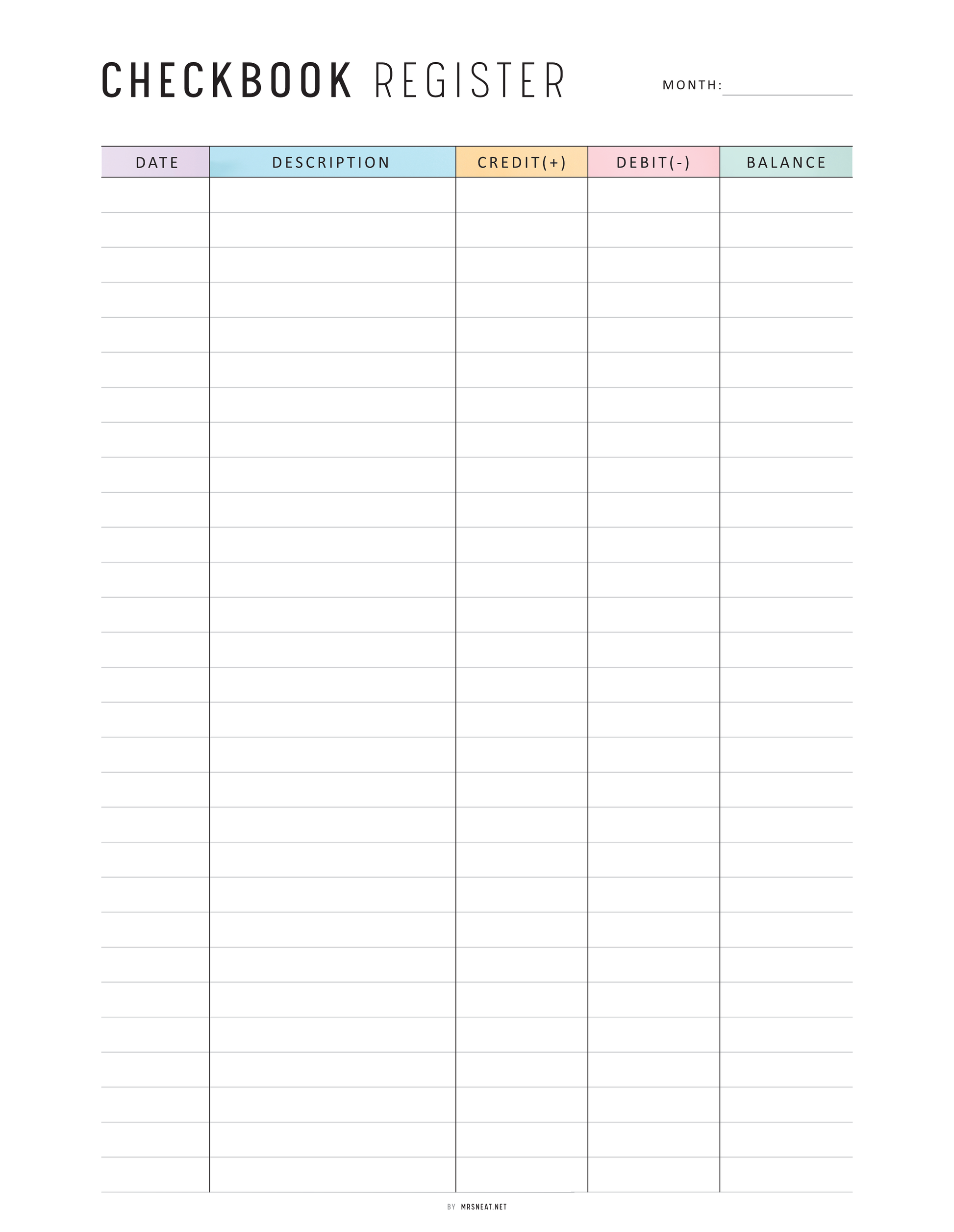 Checkbook register form with columns for date, description, credit, debit, and balance.