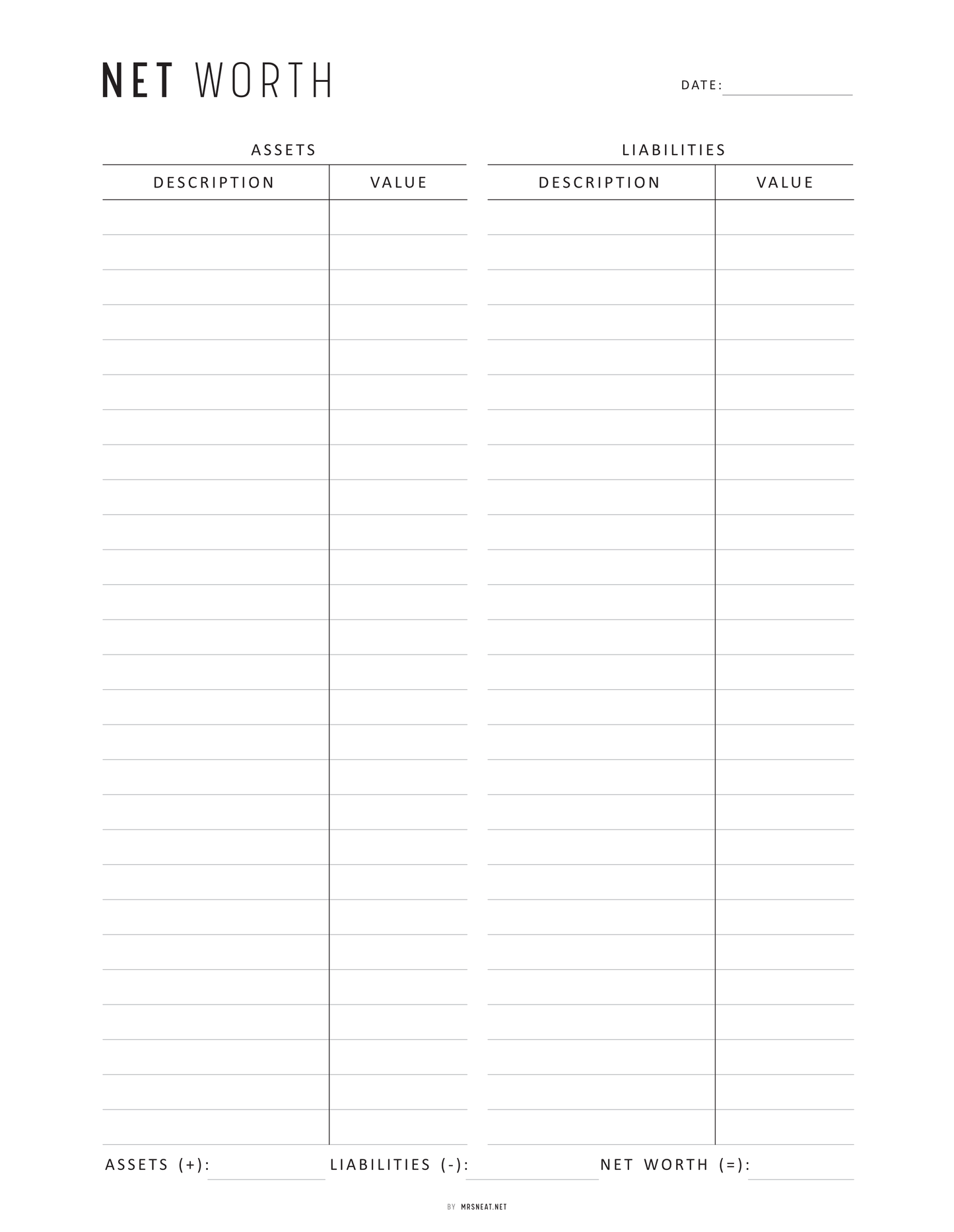 Net Worth Calculator Sheet, Printable, A4, A5, Letter, Half Letter, Minimalist and colorful page, PDF, Digital Planner